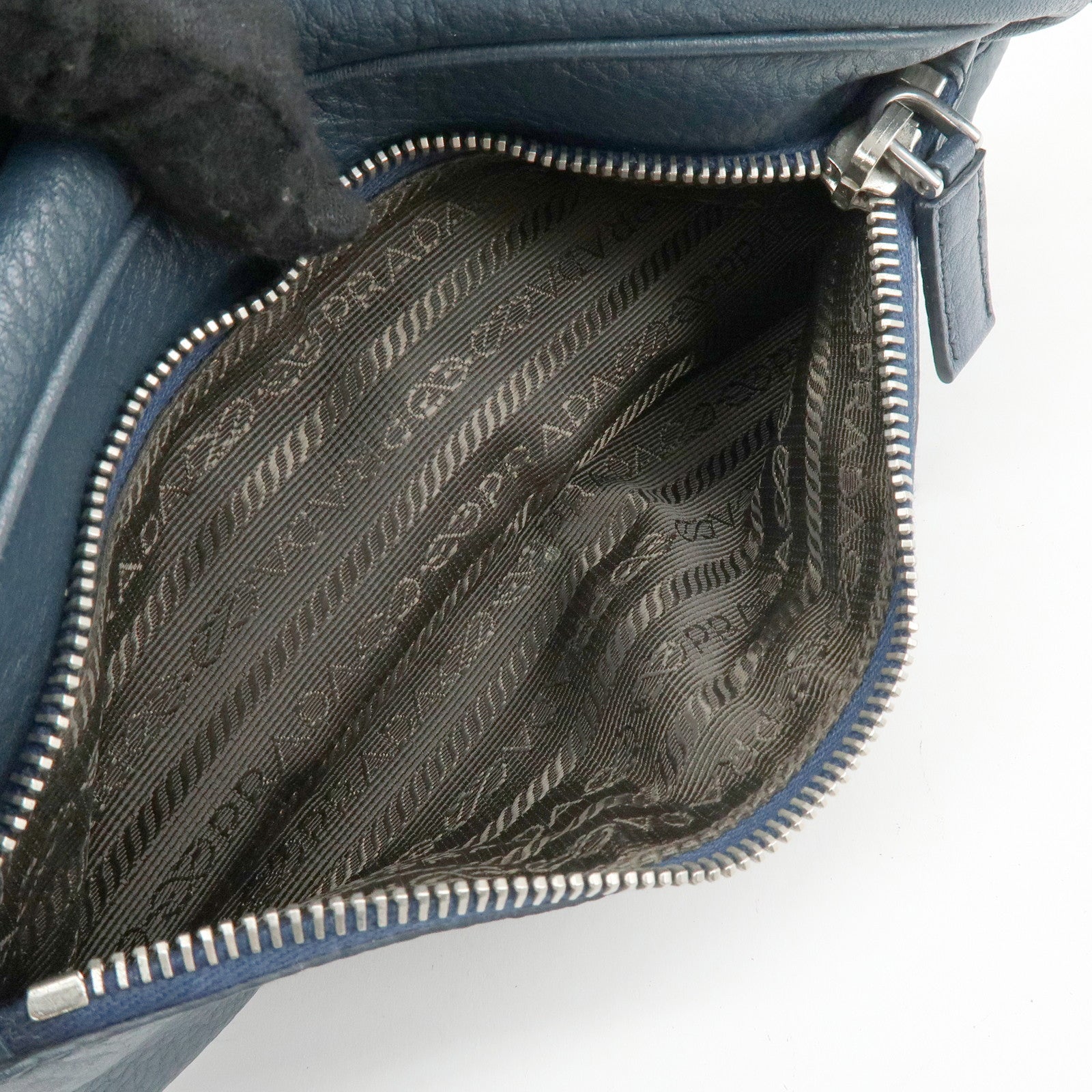 PRADA Triangle Logo Leather Cosmetic Pouch Accessory Pouch Navy
