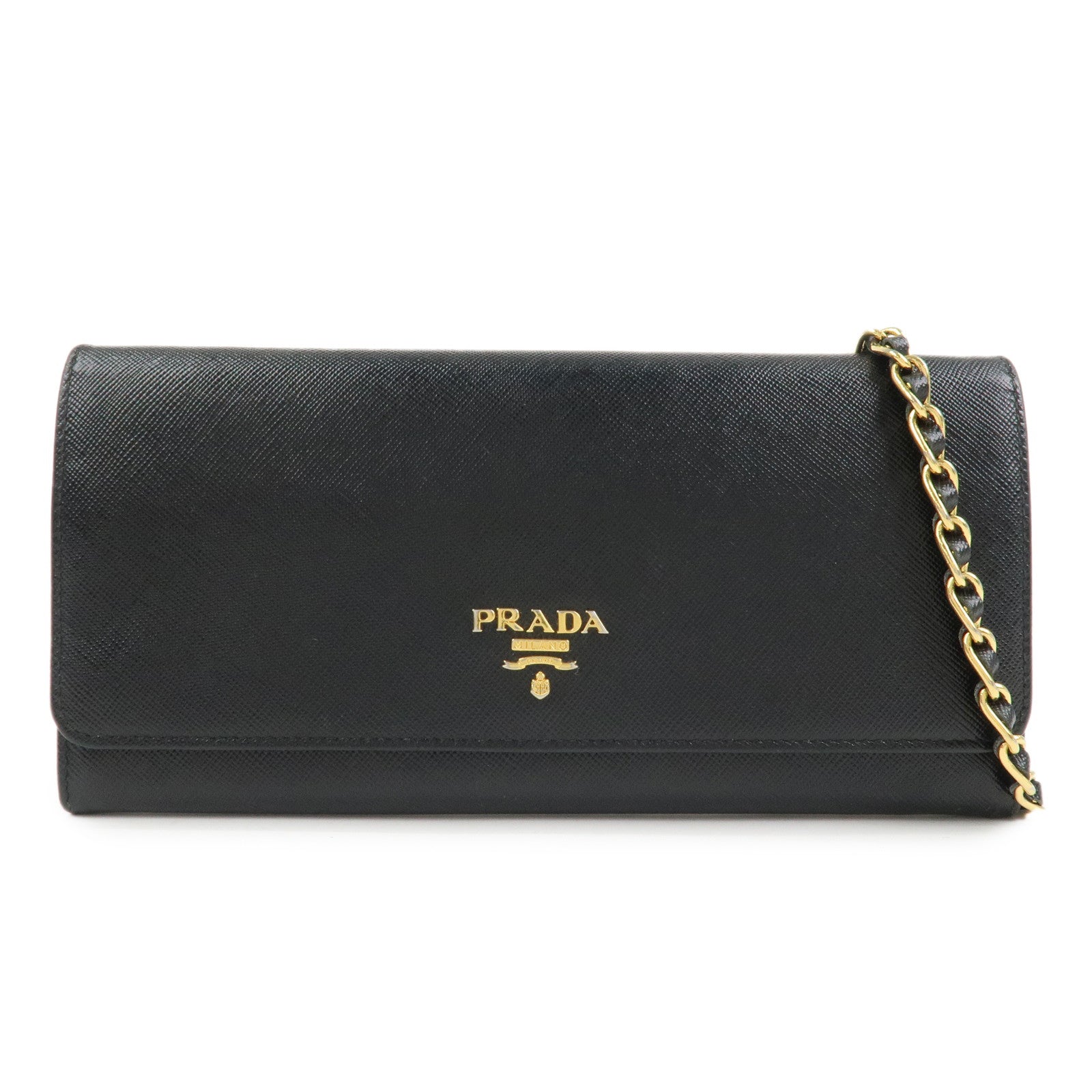 PRADA Logo Leather Chain Wallet WOC Shoulder Wallet Black 1MT290
