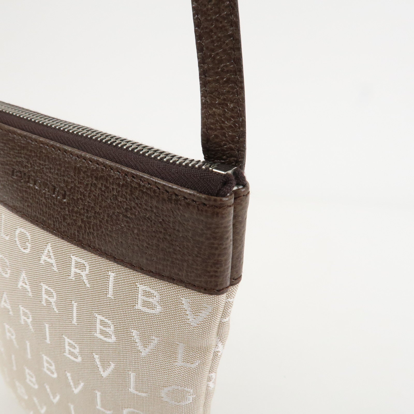 BVLGARI Logo Mania Leather Canvas Shoulder Bag Beige Brown