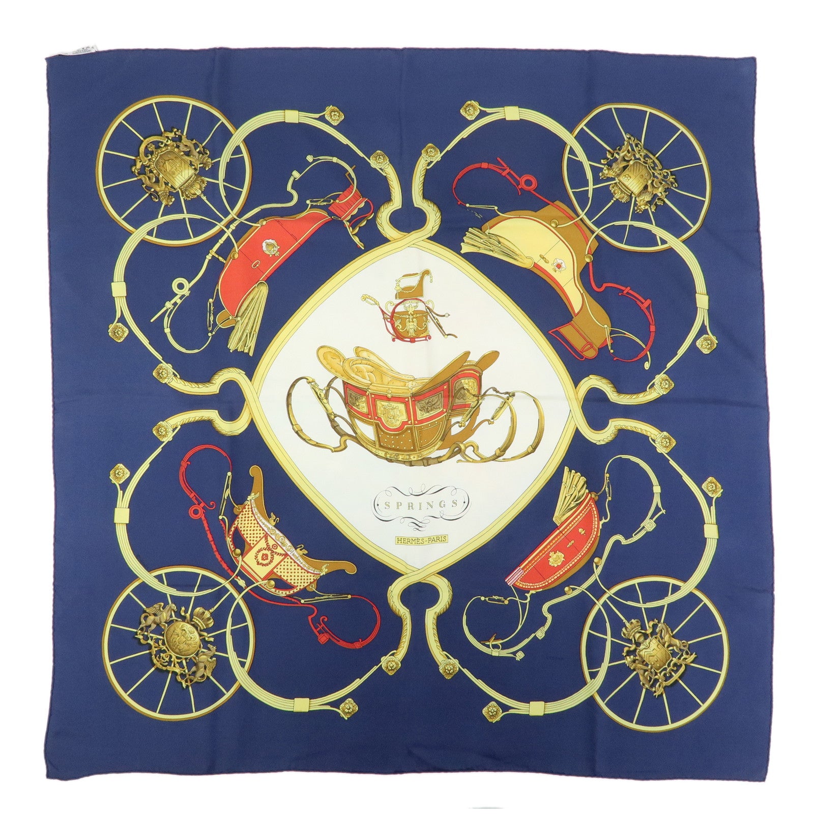 HERMES Carre 90 Silk 100% Scarf SPRINGS Navy White Yelllow Red