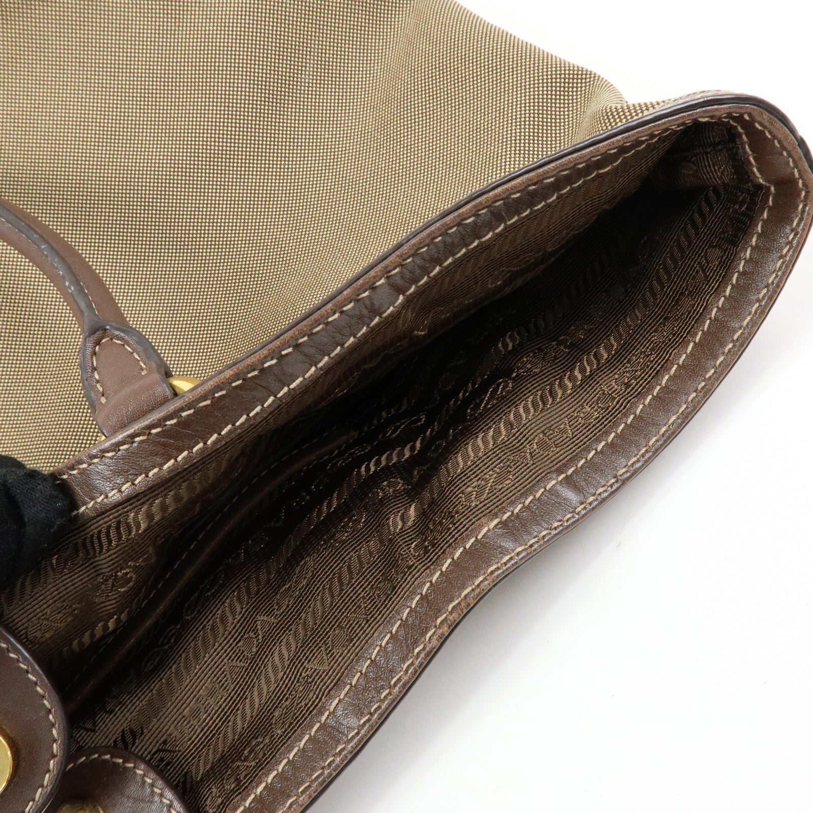 PRADA Triangle Logo Jacquard Leather Tote Shoulder Bag Beige Brown
