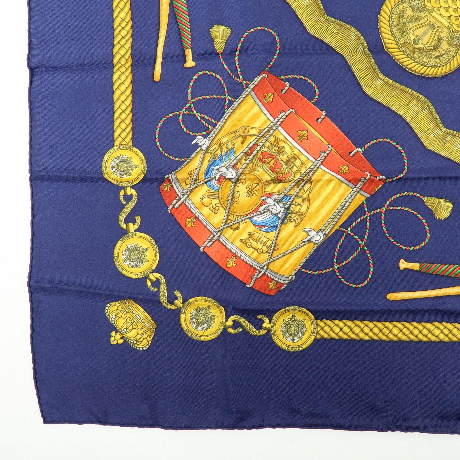 HERMES Carre 90 Silk 100% LES TAMBOURS Scarf Navy Gold