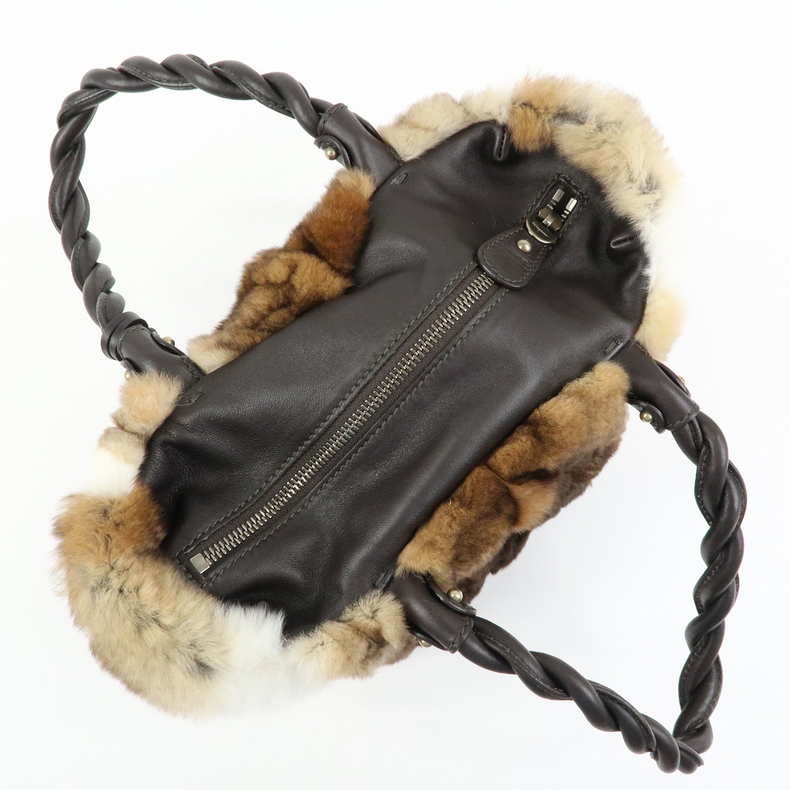 Ferragamo Gancini Rabbit Fur Leather Hand Bag Tote Bag Brown