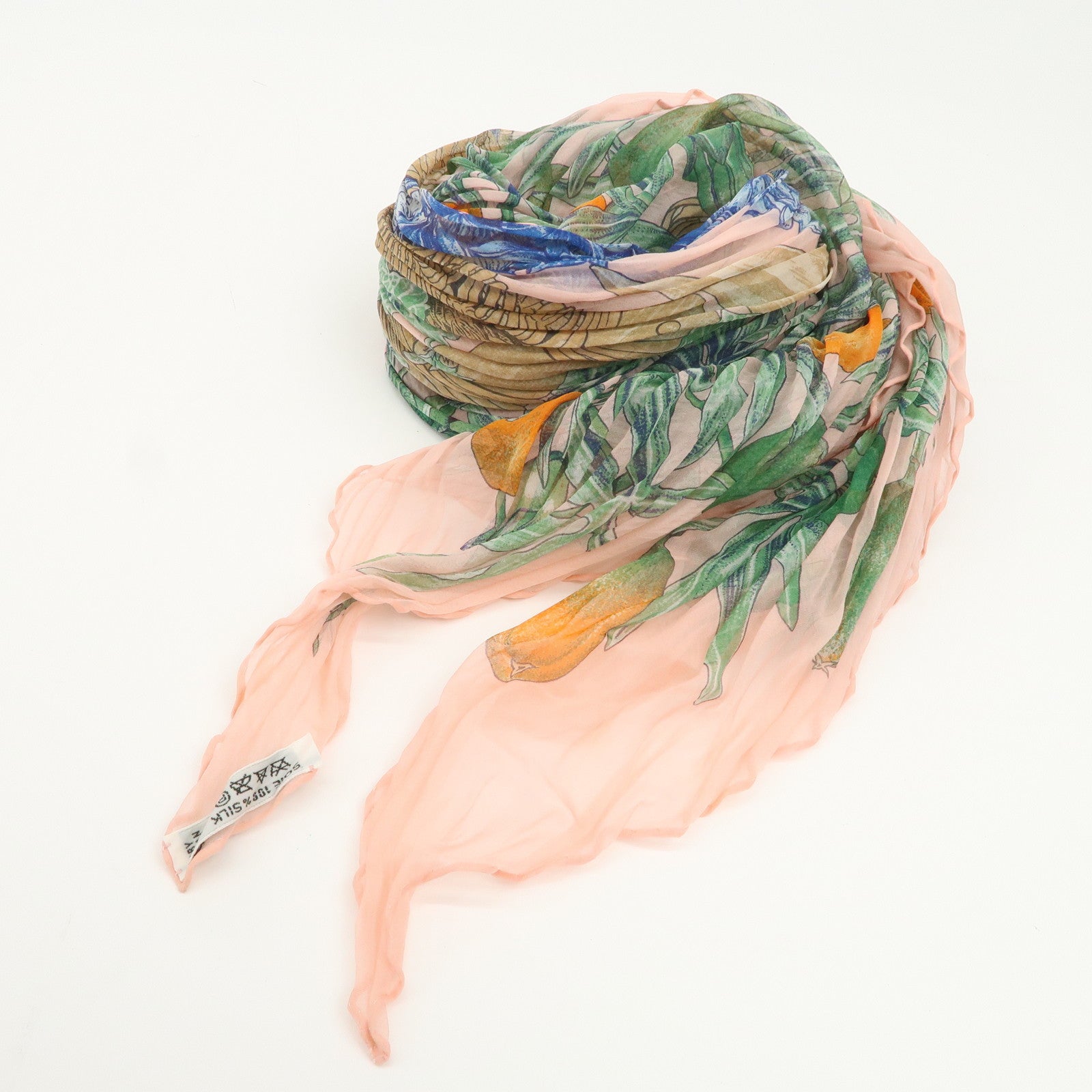 HERMES Pleated Carre Silk 100% Scarf PASSIFLORES Pink Multicolor