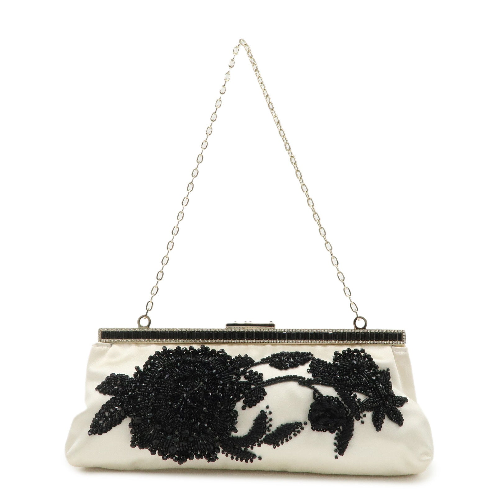 VALENTINO Silk Beads Chain Shoulder Bag Hand Bag White Black Used