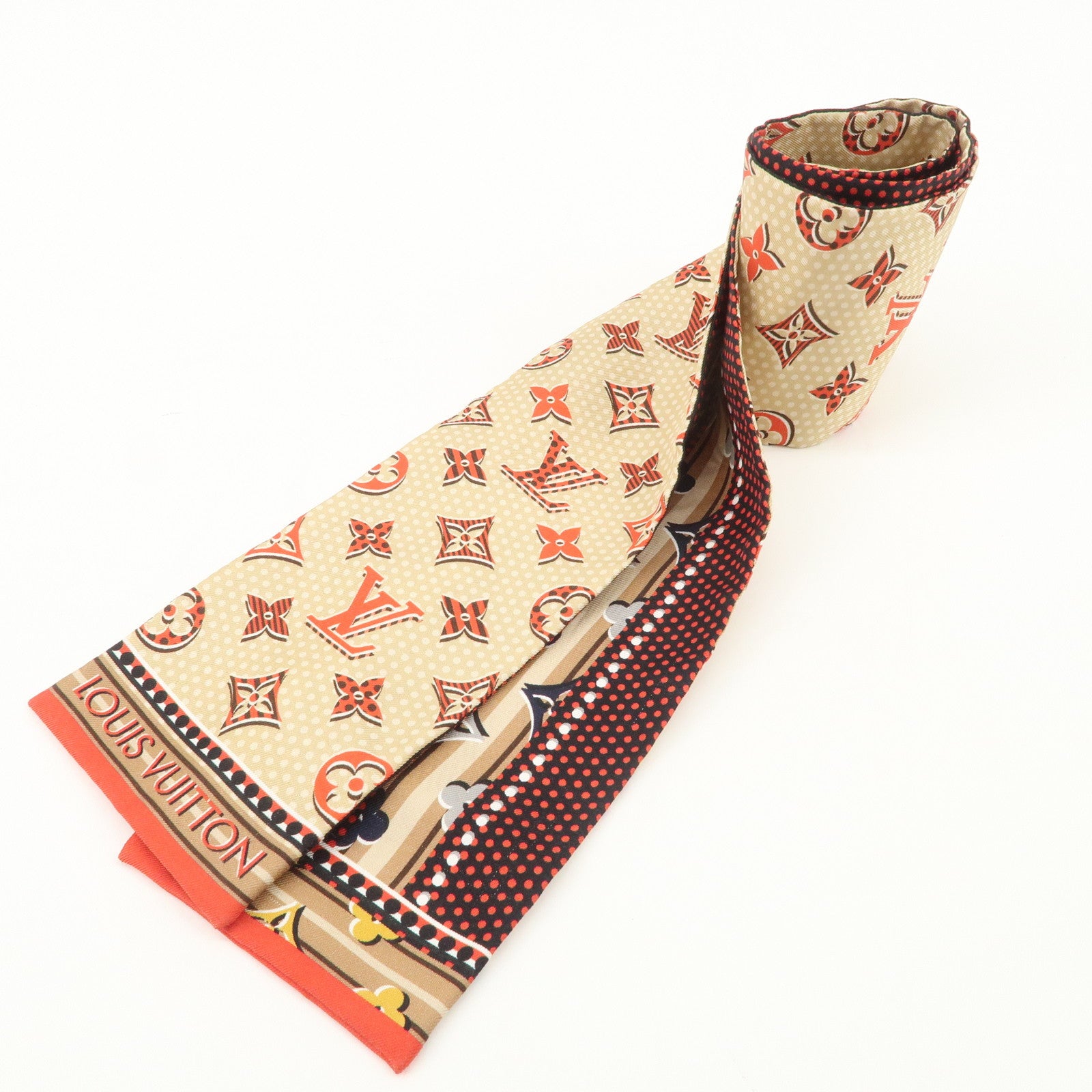 Louis Vuitton 100% Silk Bandeau Monodots Scarf Beige Red M70848