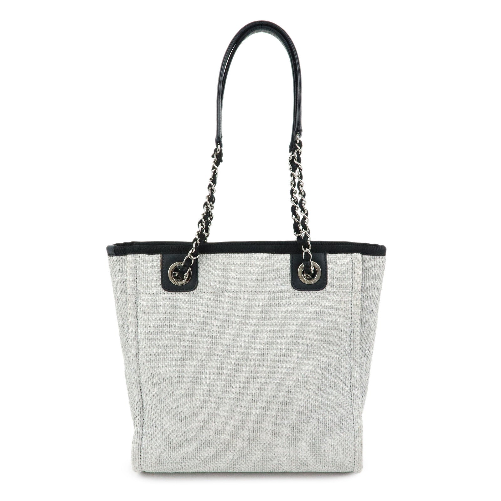 CHANEL Deauville PM Raffia Calf Leather Chain Tote Bag Black A66939