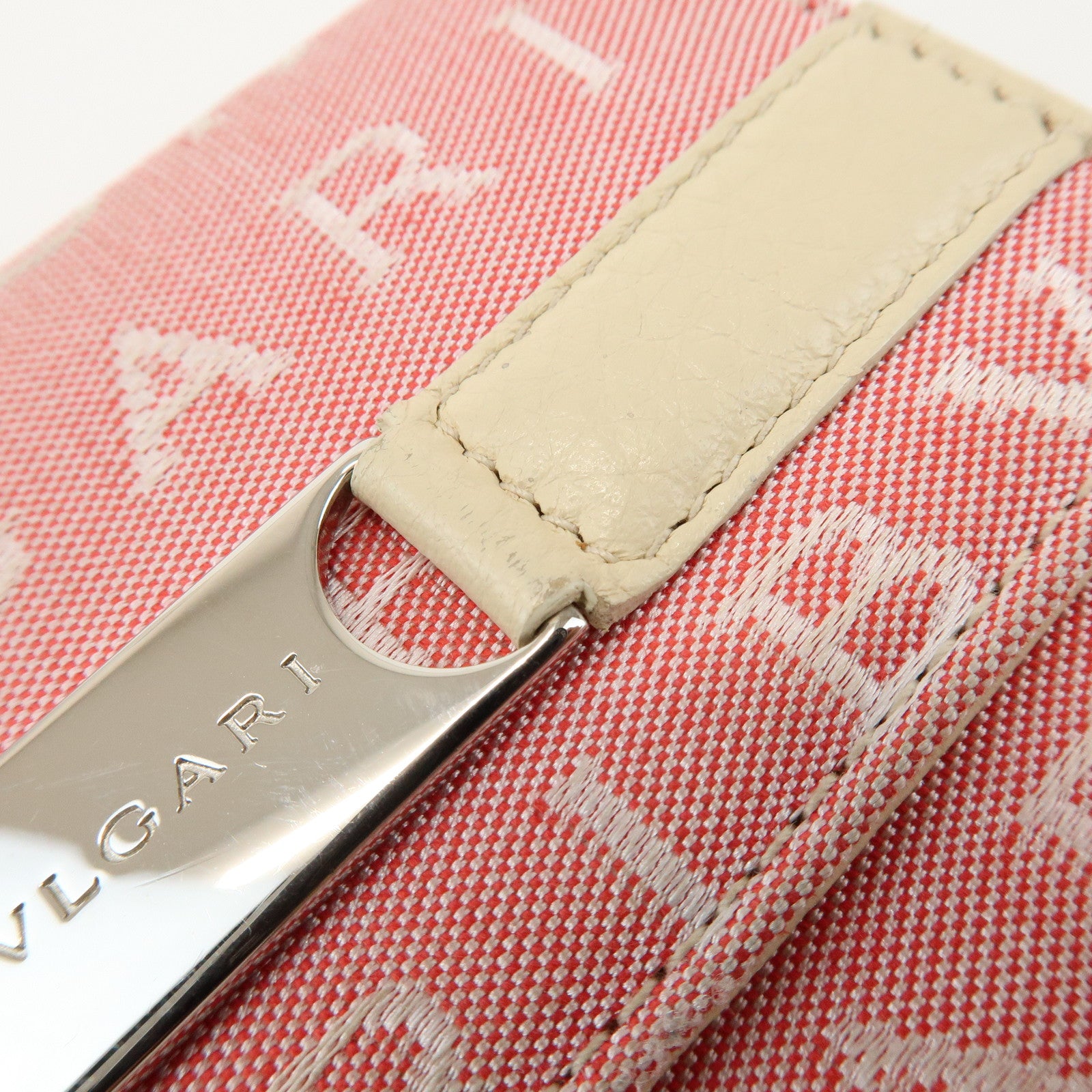 BVLGARI Logo Mania Canvas Leather Compact Wallet Pink Ivory