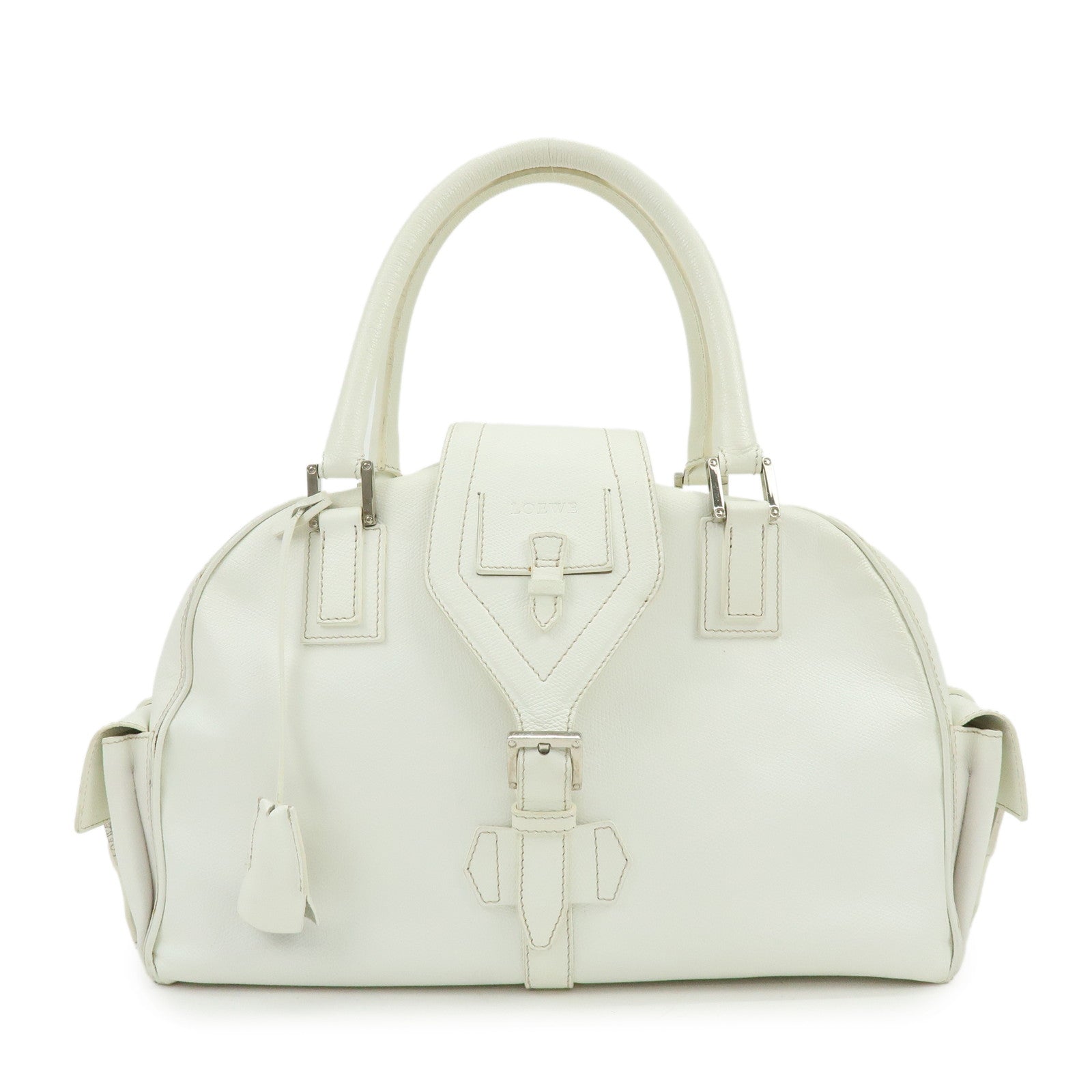 LOEWE Logo Side Pocket Leather Boston Bag Hand Bag White