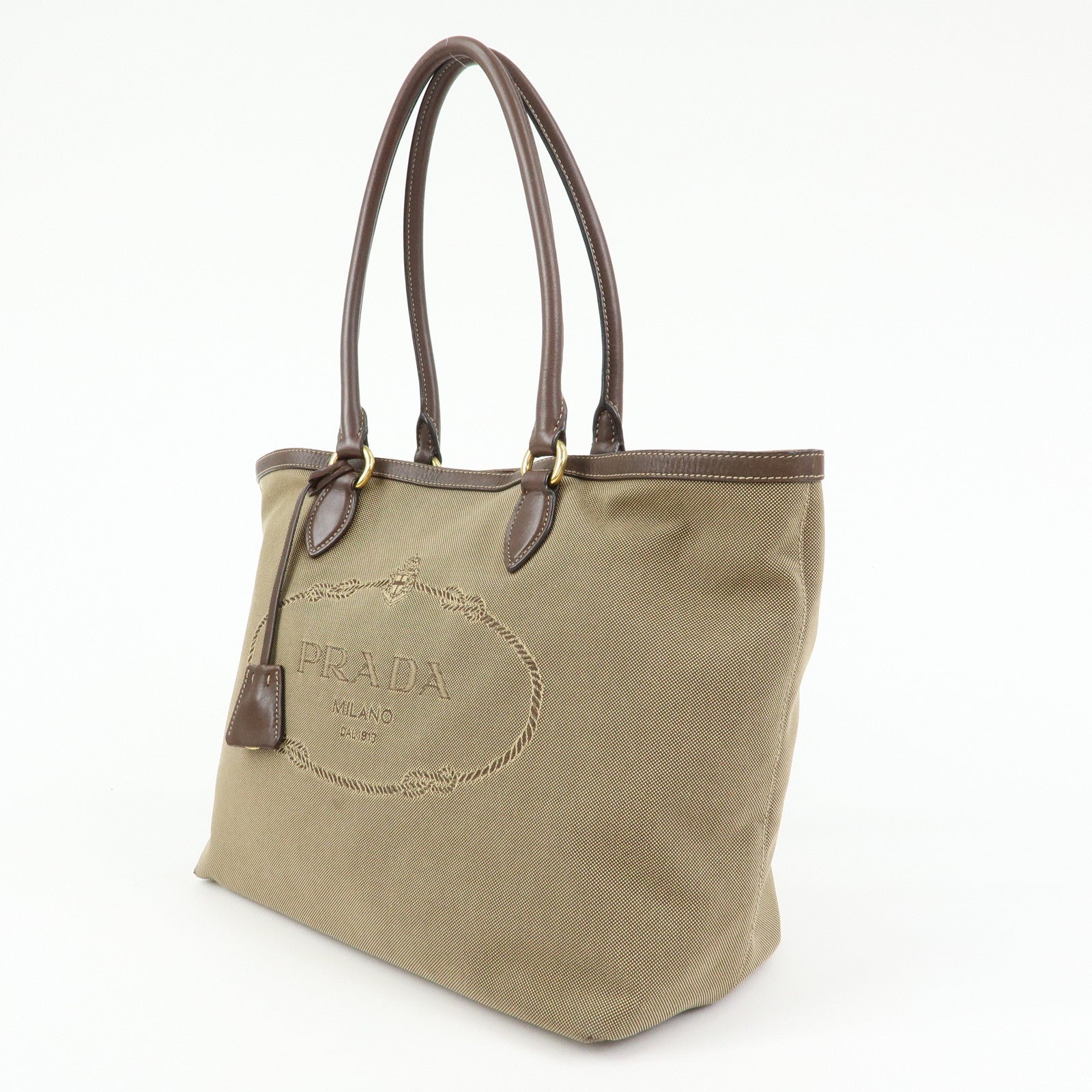 PRADA Triangle Logo Jacquard Leather Tote Shoulder Bag Beige Brown