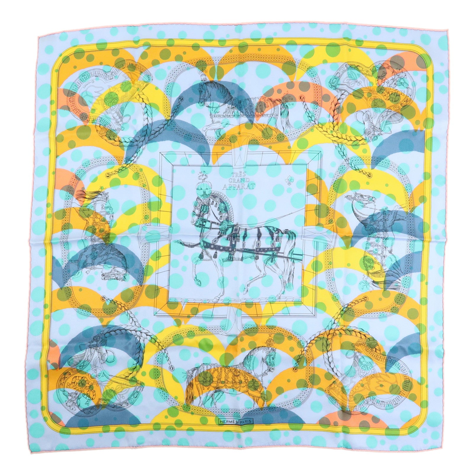 HERMES Carre 70 Silk 100% Scarf Tres Grand Apparat Blue Yellow