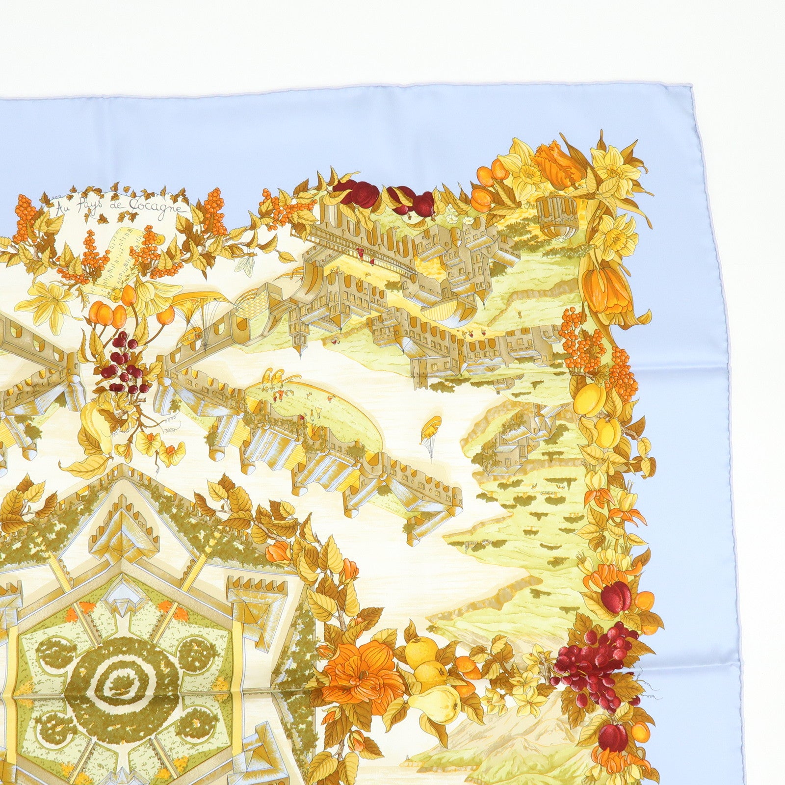 HERMES Carre 90 Silk 100% Scarf Au Pays de Cocagne Blue Brown