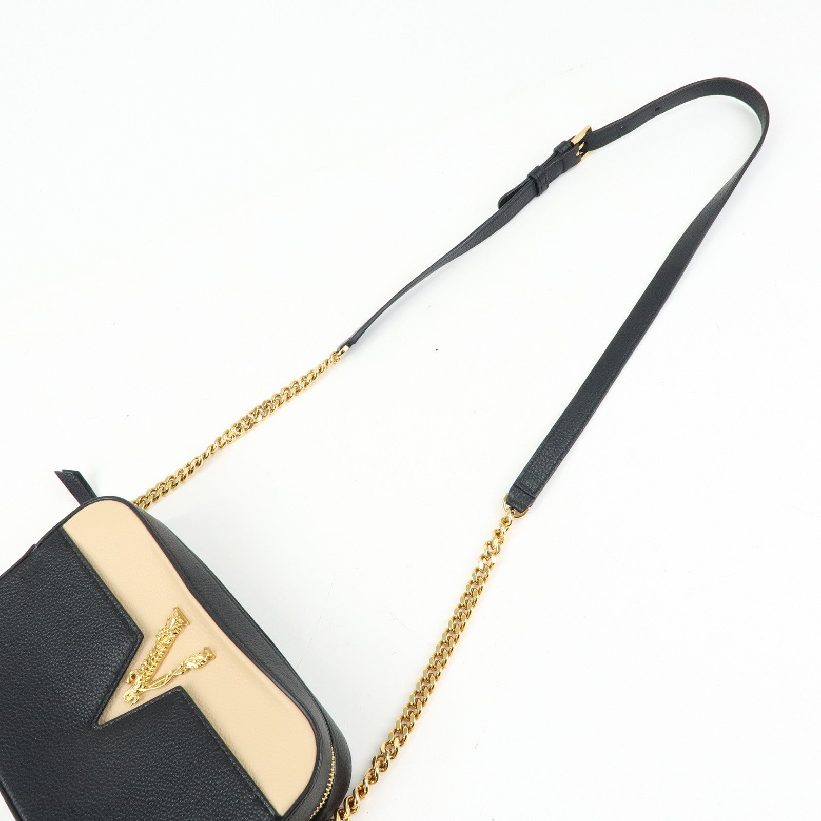 VERSACE Virtus Leather Shoulder Crossbody Bag Black Beige