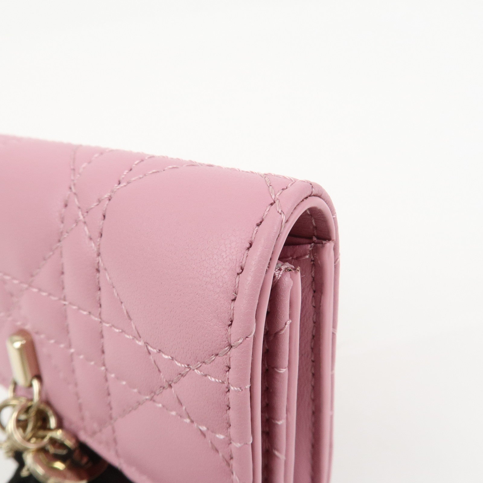 Christian Dior Cannage Logo Leather Bi-fold Compact Wallet Pink
