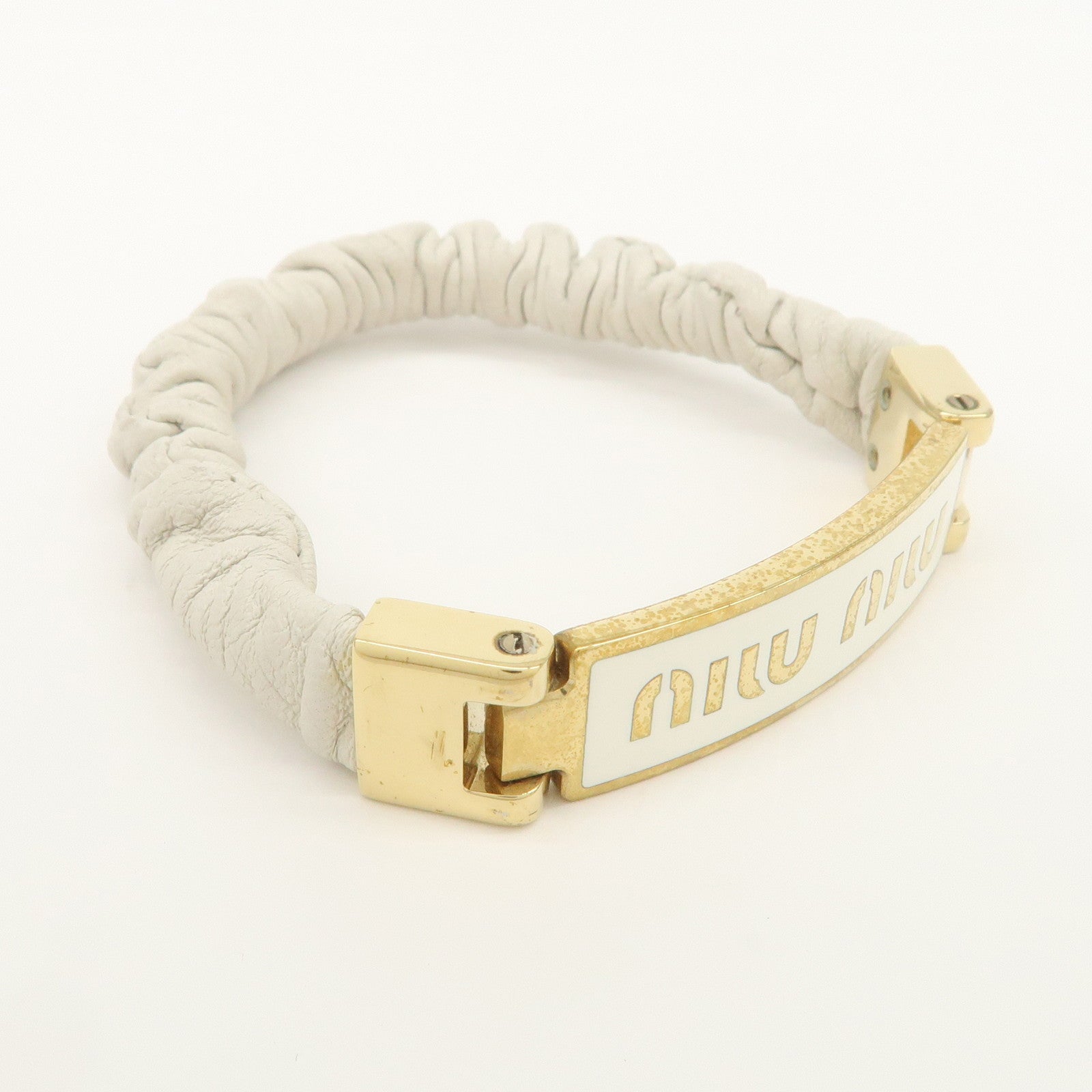 MIU MIU Leather Logo Plate Gathered Bracelet Ivory Gold 5IB425