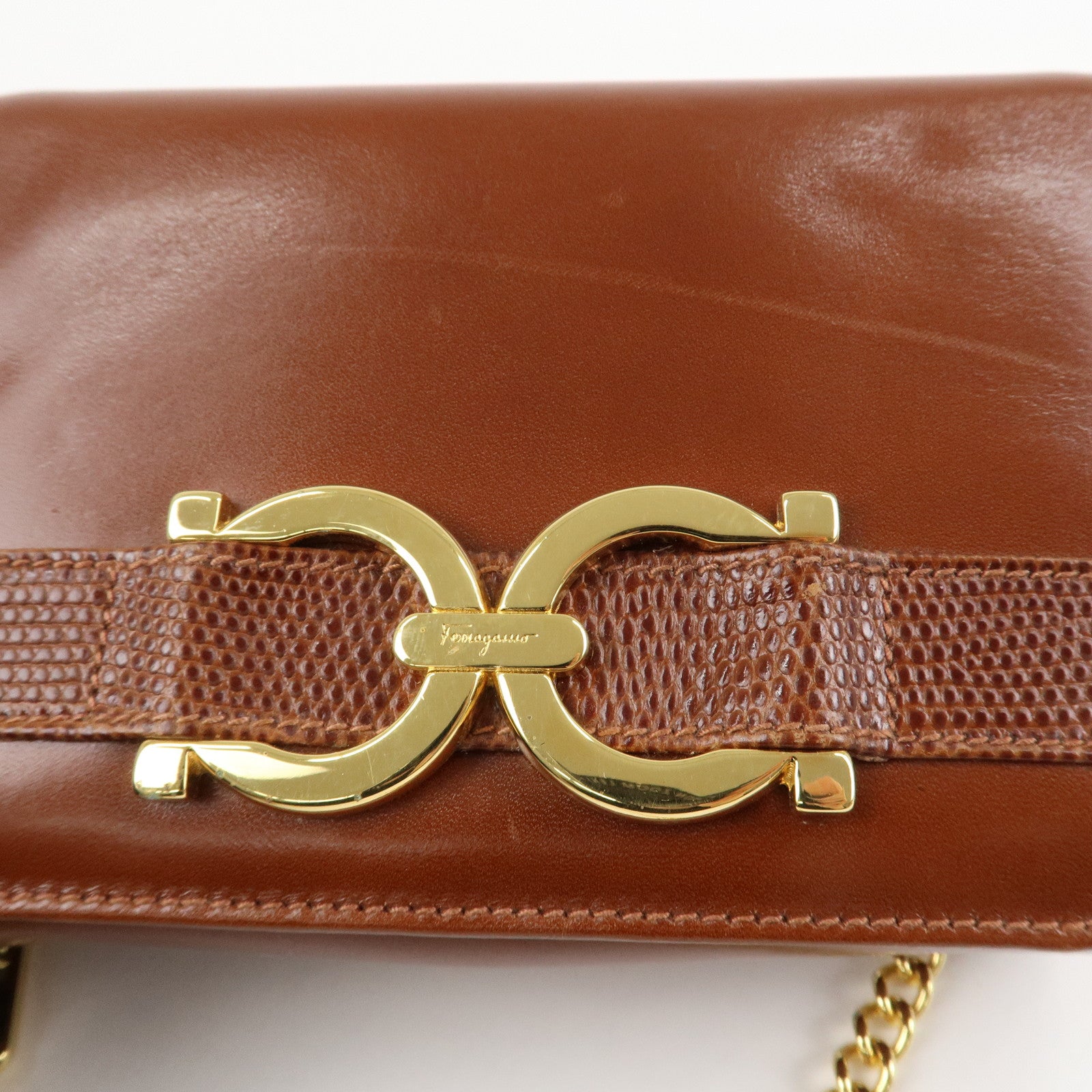 Ferragamo Gancini Leather Chain Shoulder Bag Brown Gold HDW Used