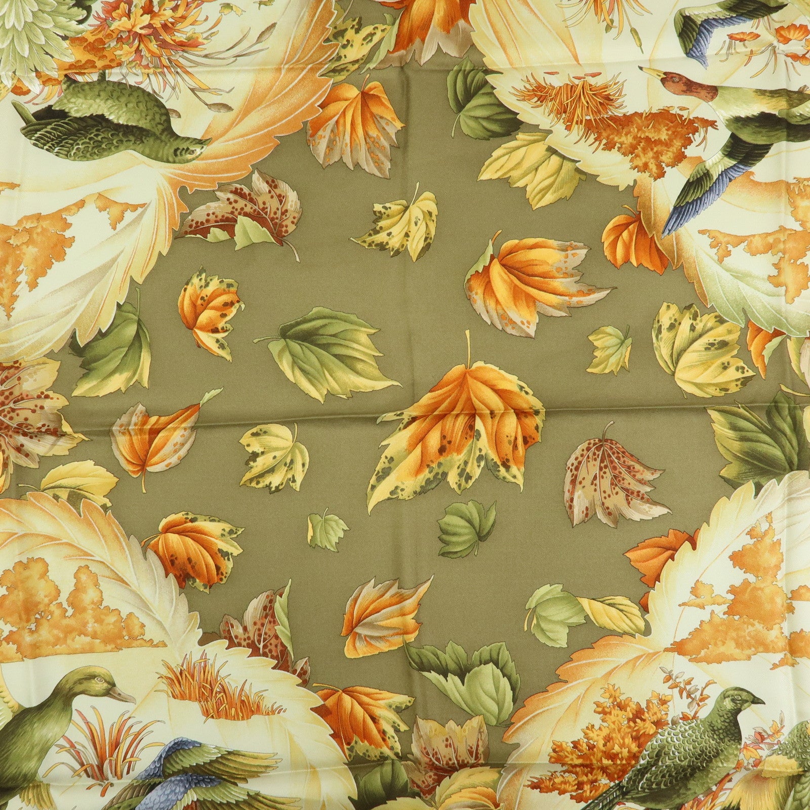 Ferragamo Silk 100% Scarf Autumn Bird And Leaf 85x85 Brown Orange