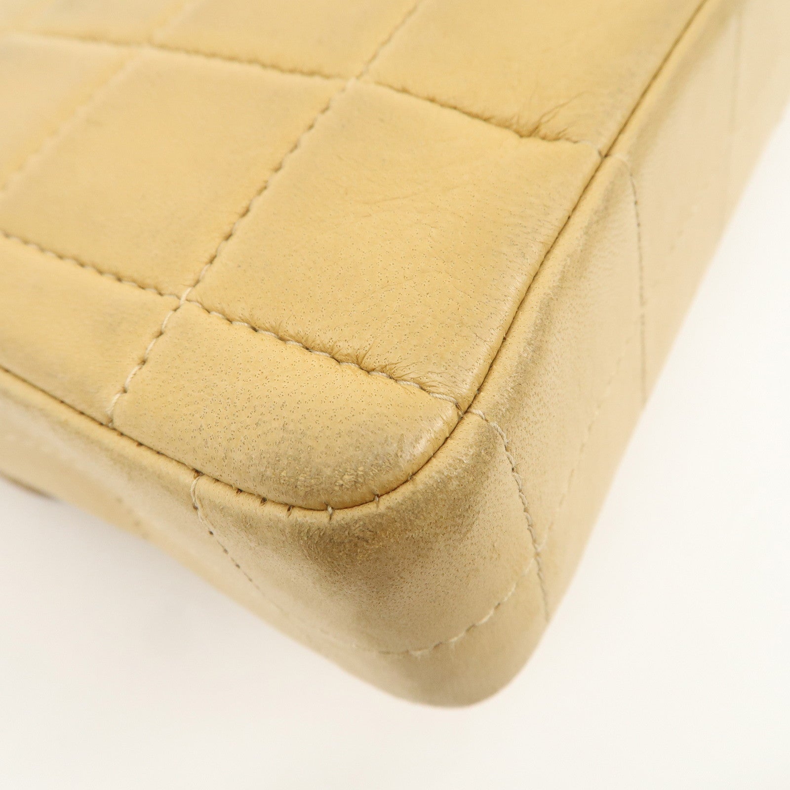 CHANEL Chocolate Bar Lamb Skin Chain Shoulder Bag Beige Gold Used