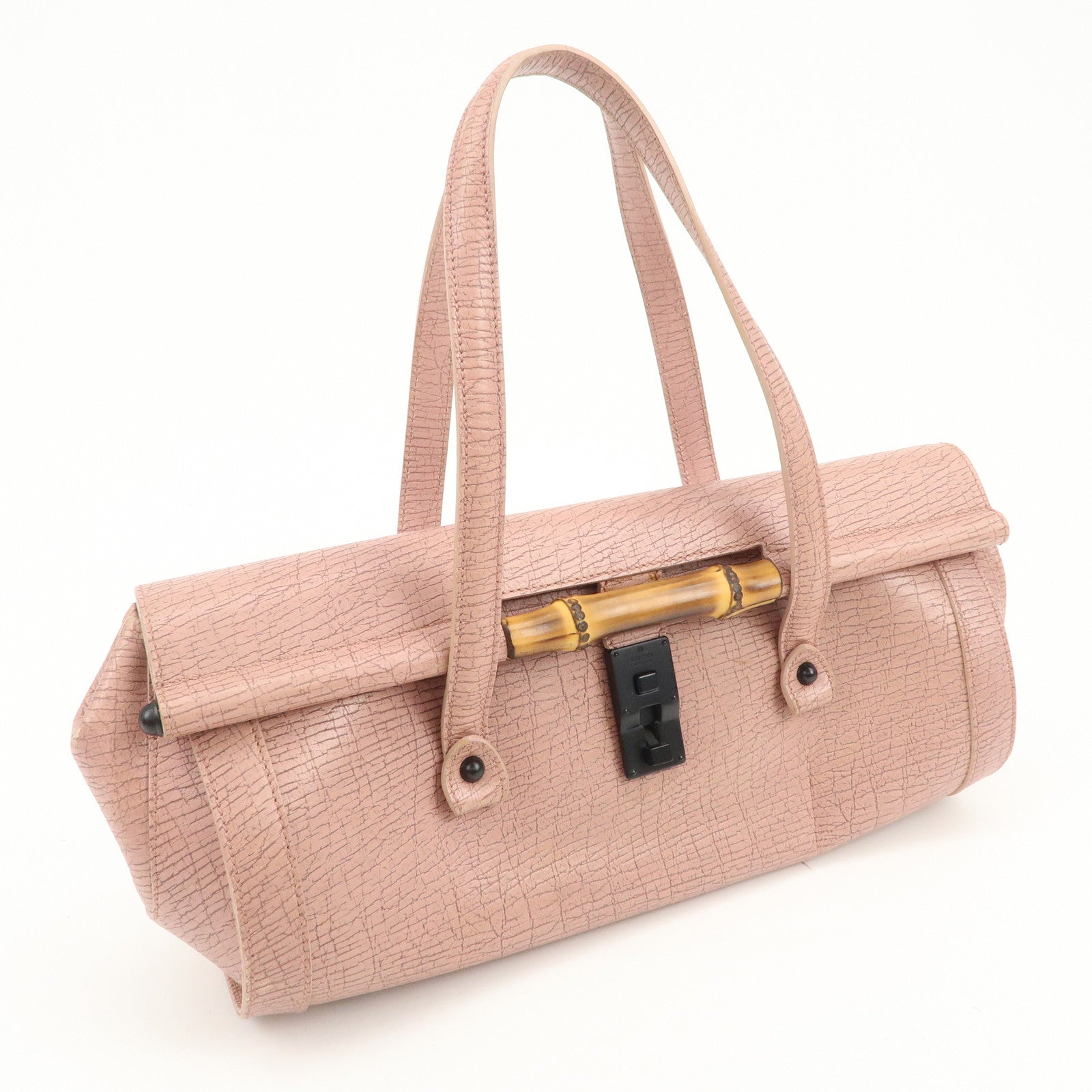 GUCCI Bamboo Embossed Leather Shoulder Bag Hand Bag Pink 111715