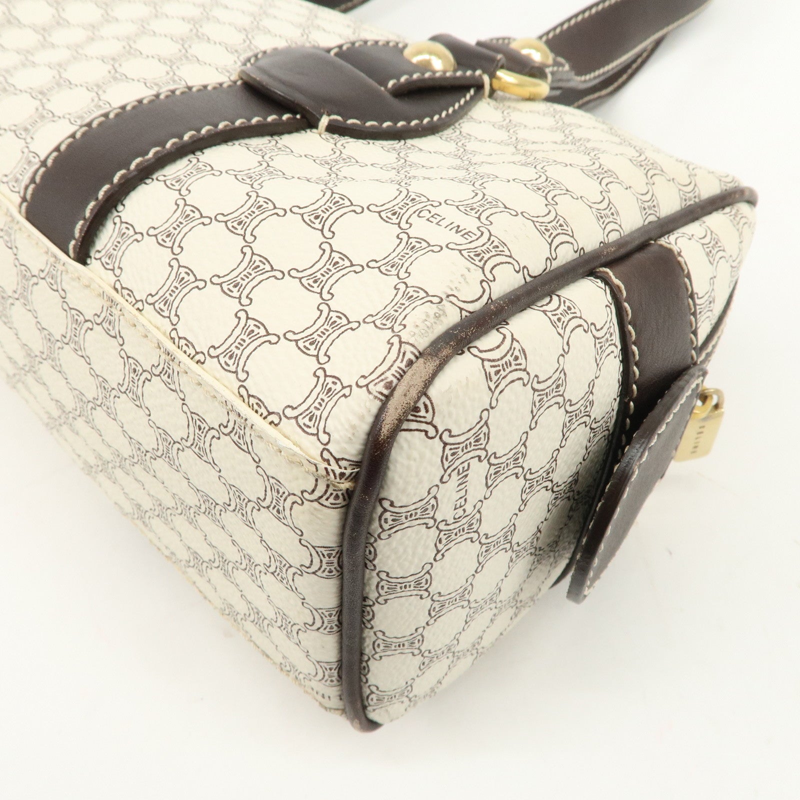 CELINE Macadam PVC Leather Mini Boston Bag Dark Brown White