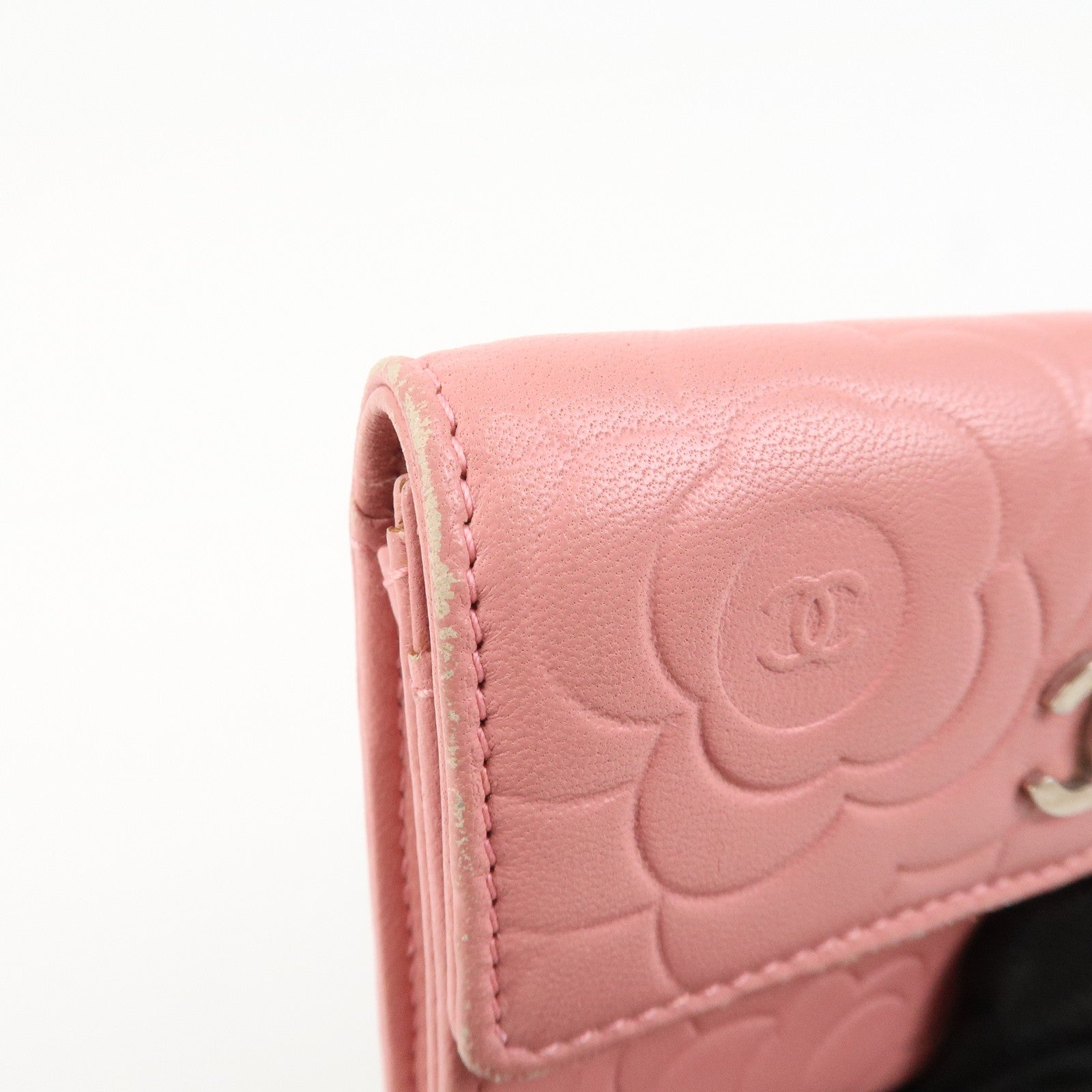 CHANEL Camellia COCO Mark Leather Card Case Card Holder Pink