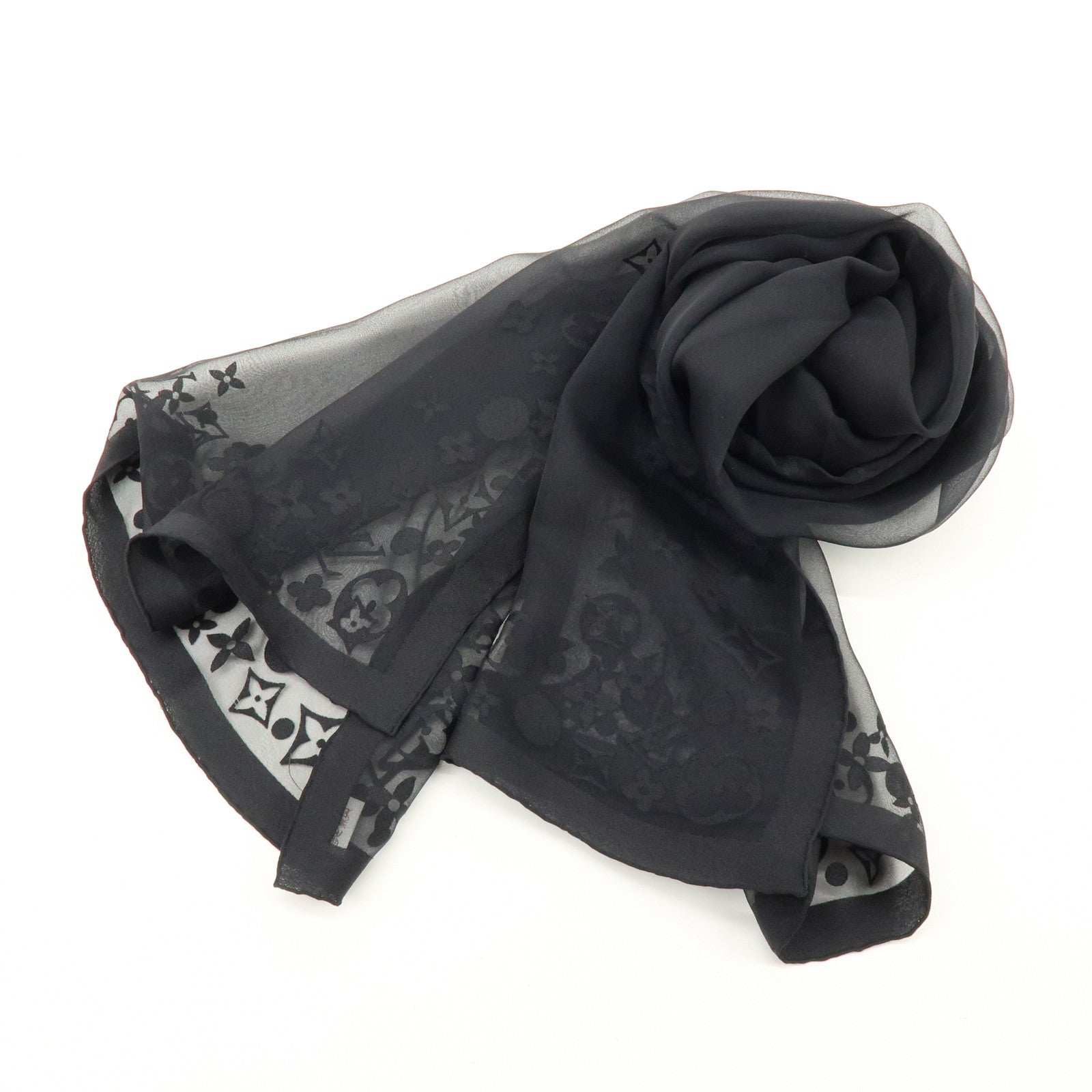 Louis Vuitton Monogram Silk 100% Sheer Scarf Shawl Black