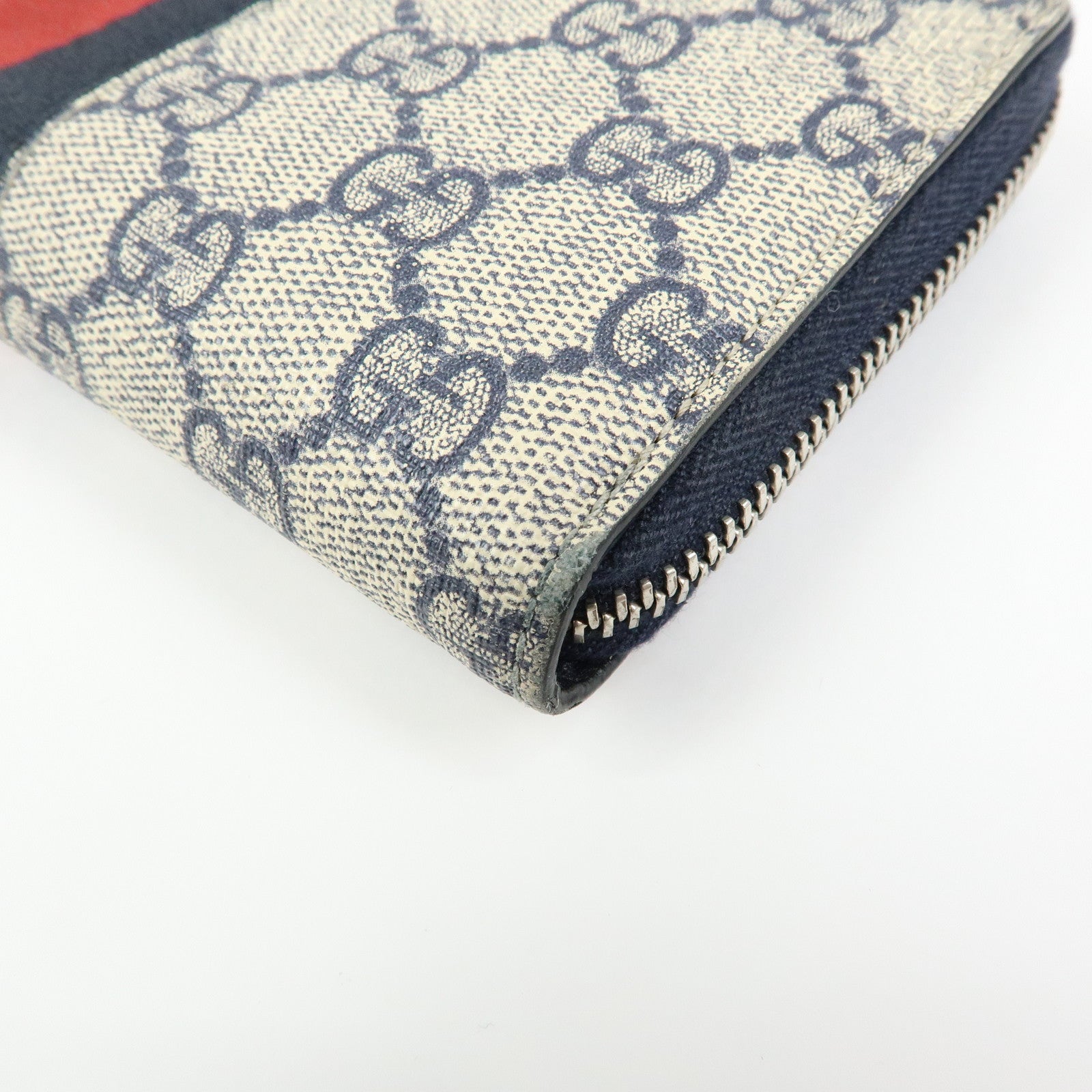 GUCCI Sherry GG Supreme Web Stripe Long Wallet Beige Navy 408831