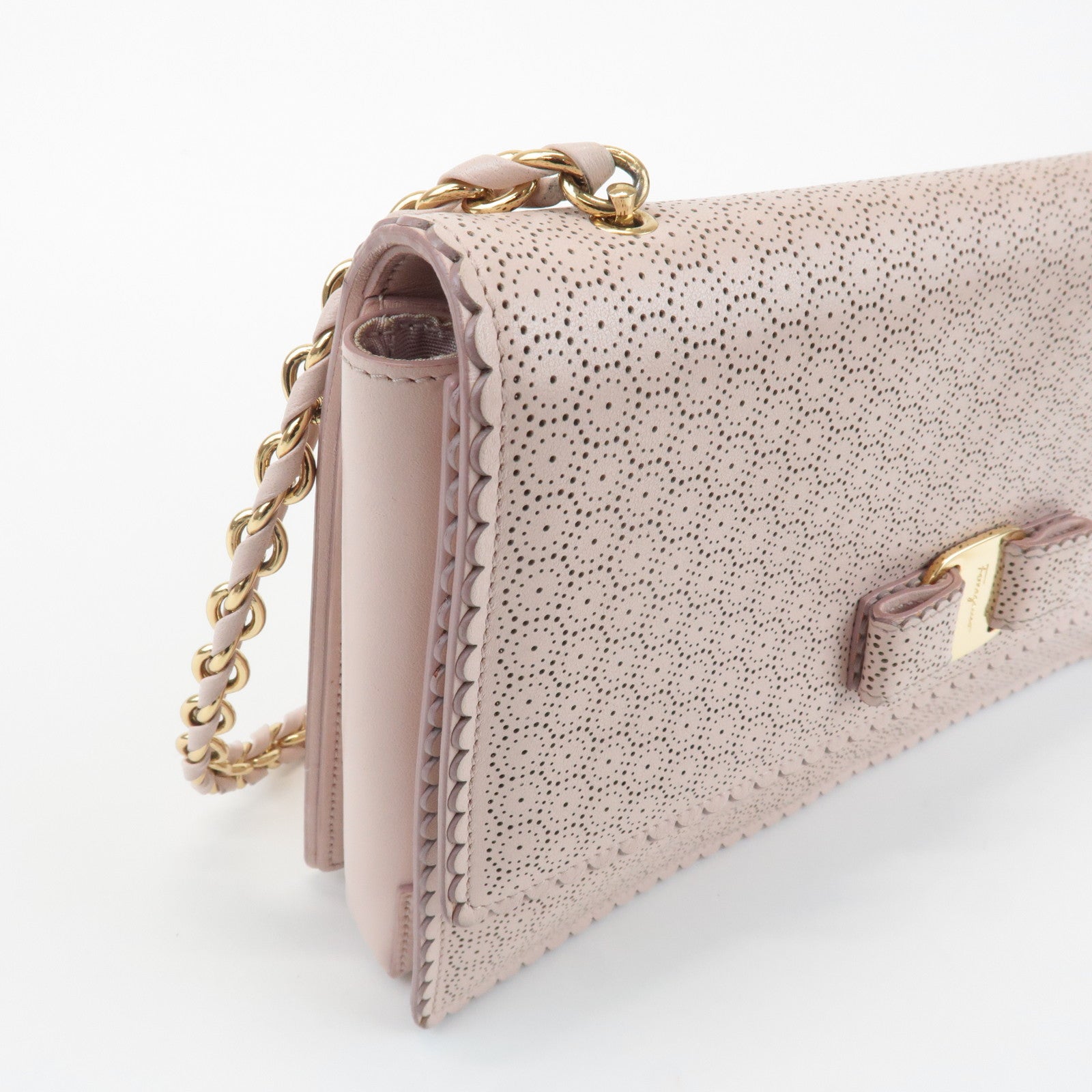 Ferragamo Vara Leather Ribbon Chain Shoulder Bag Pink Used