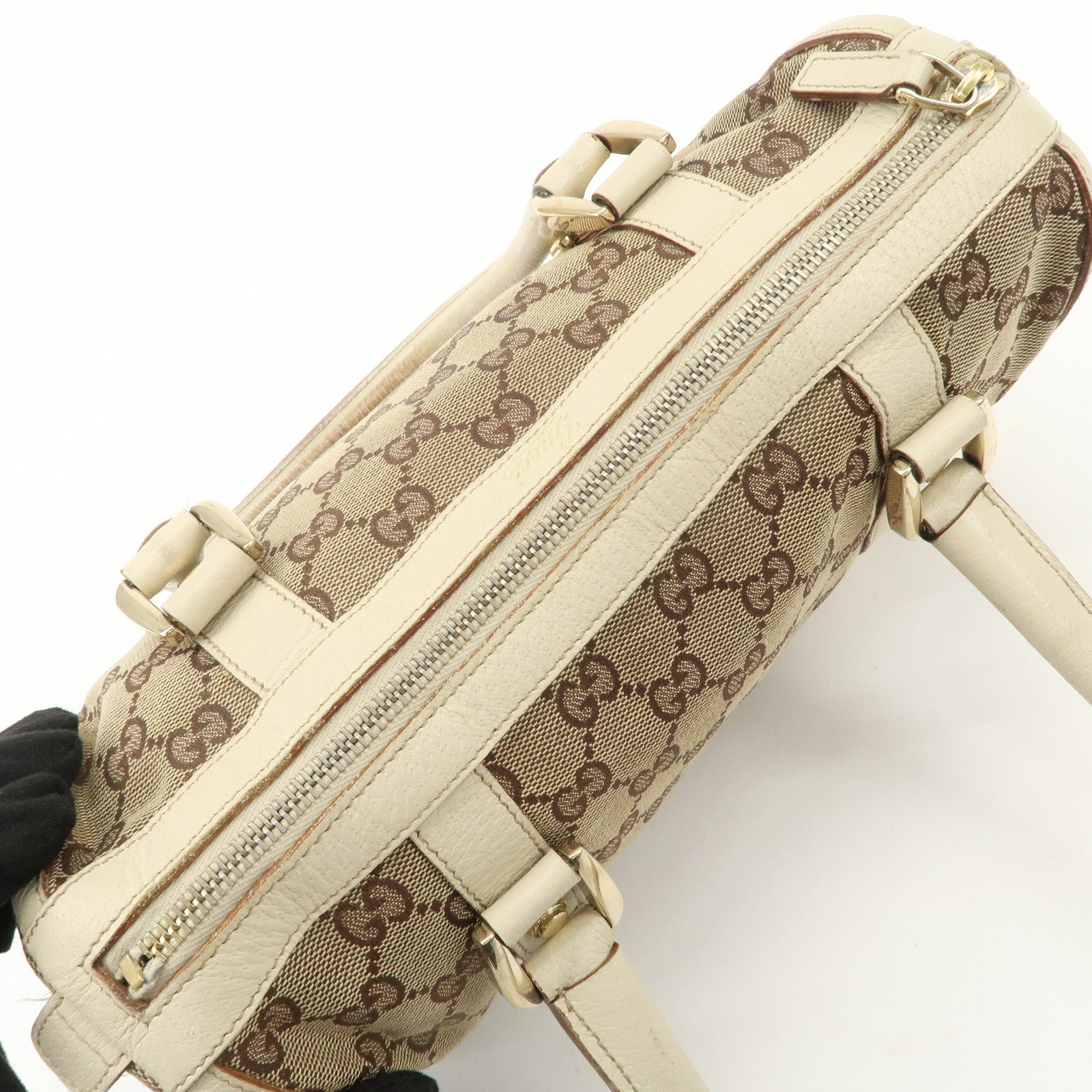 GUCCI Abbey GG Canvas Leather Boston Bag Beige Brown 130942