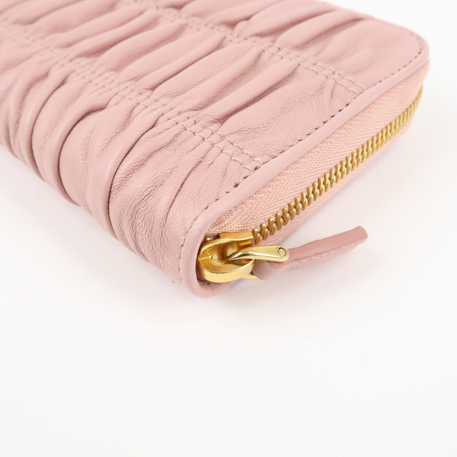 PRADA Leather Gather Round Zippy Wallet Gold Hardware Pink 1M0506 Used