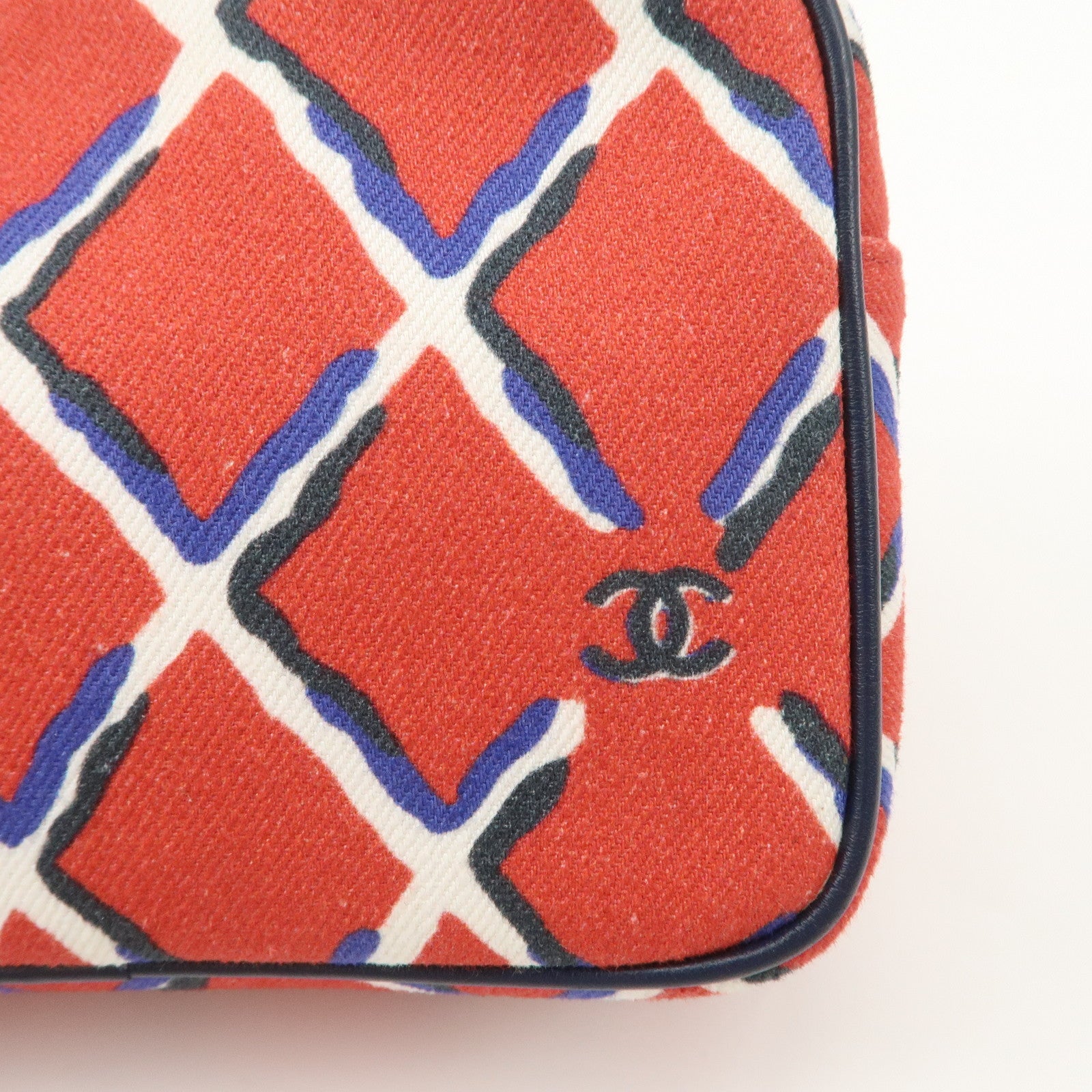 CHANEL COCO Mark COCO Beach Canvas Pouch Red Navy Silver HDW Used