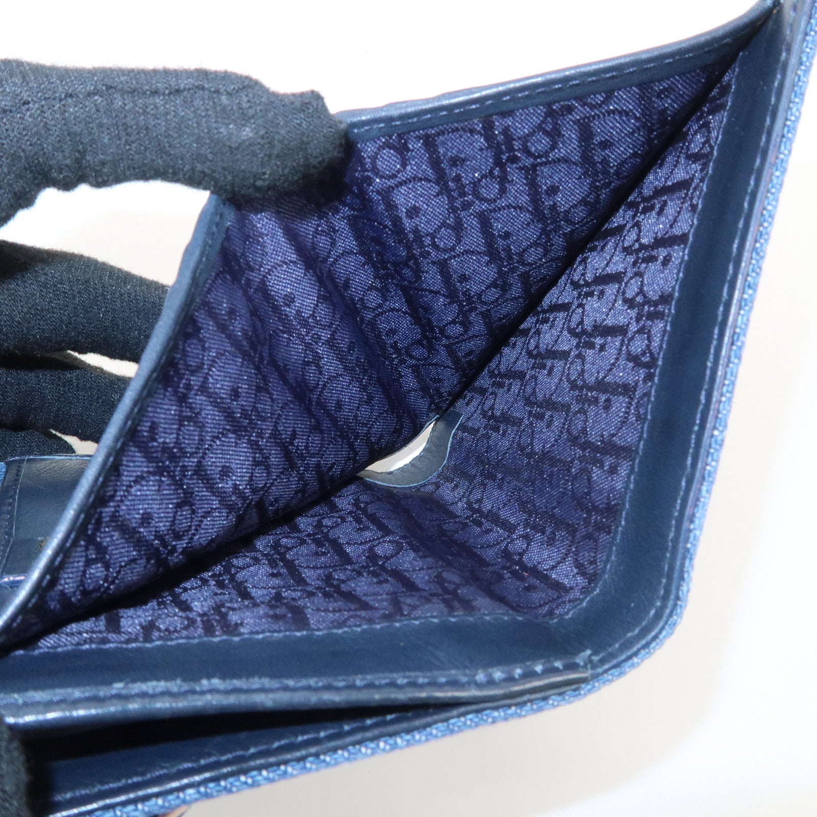 Christian Dior Saddle Lotus Wallet Denim Blue Pink Silver GDW Used