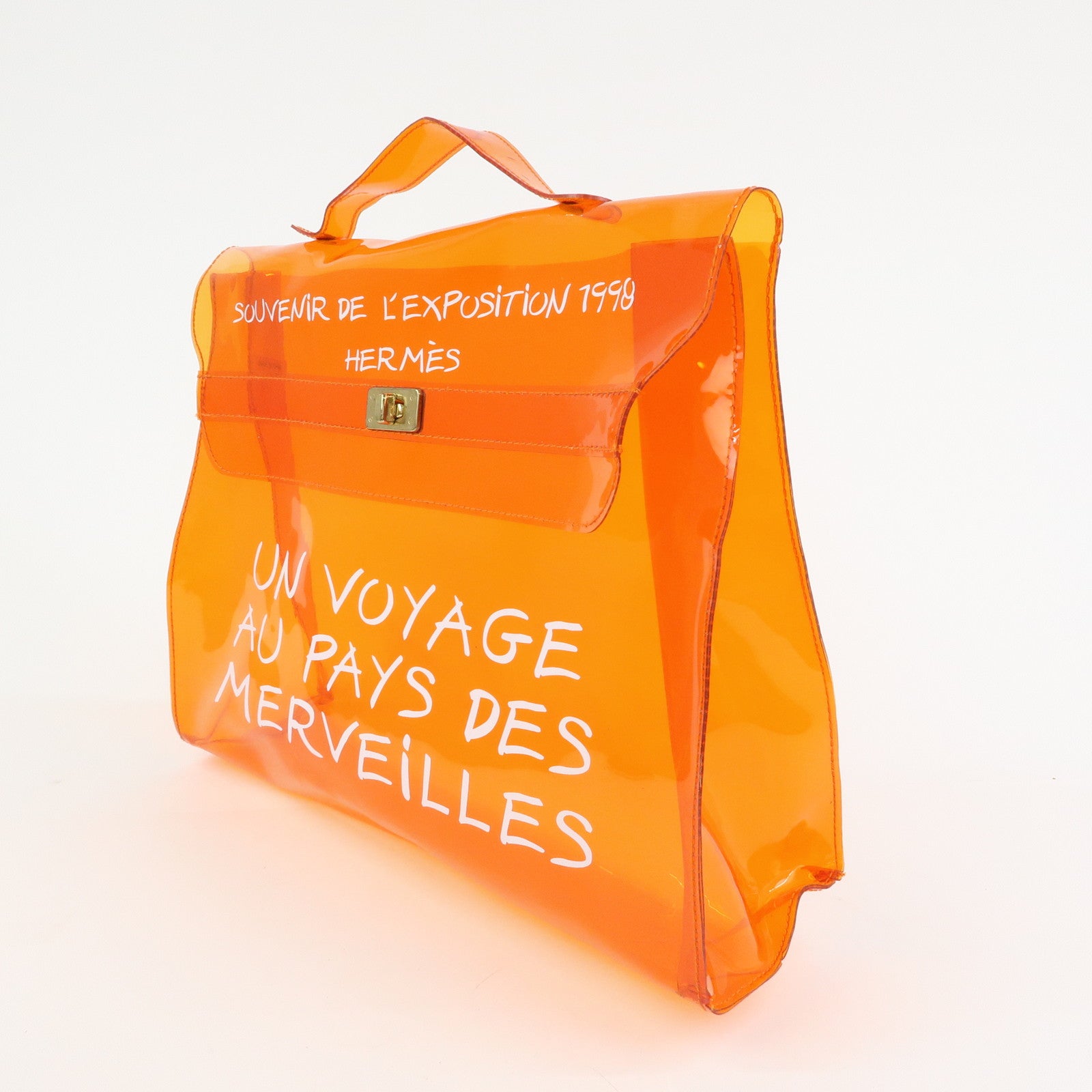 HERMES Kelly Vinyl Hand Bag Clear Transparent Orange