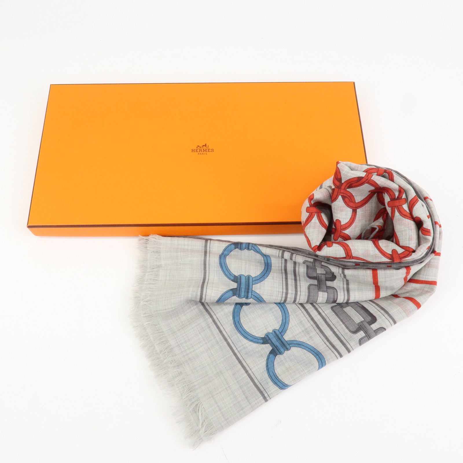 HERMES Rectangle Scarf Maillon et Chテェne Cashmere 100% Gray Red