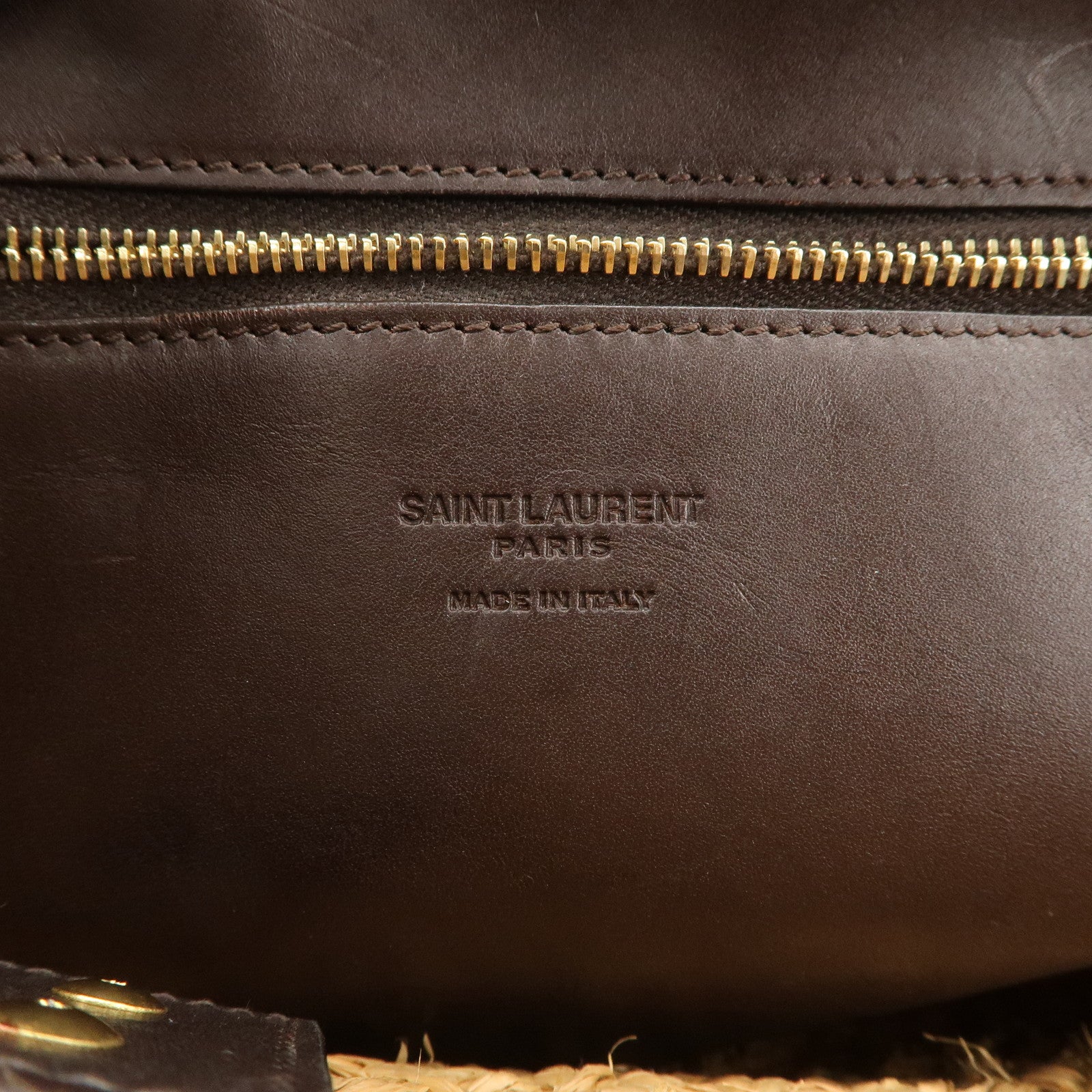SAINT LAURENT Leather Raffia Tote Bag Shoulder Bag Beige Dark Brown Used