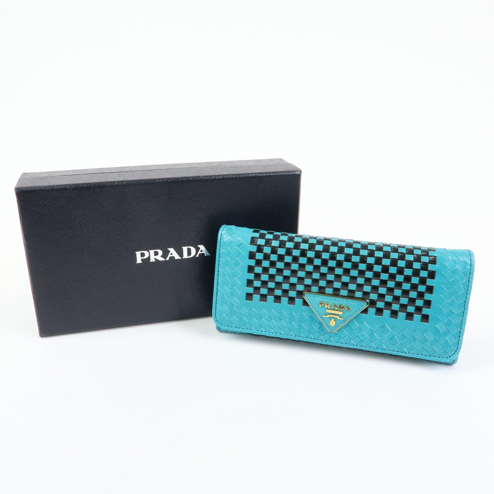 PRADA Triangle Logo Leather Long Wallet Blue Black