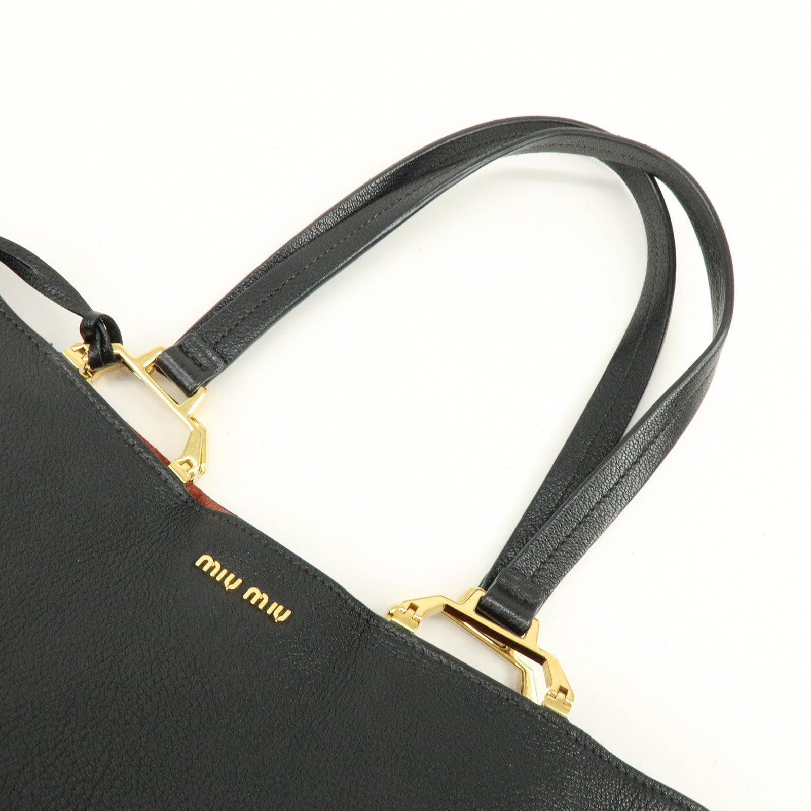 MIU MIU Logo Leather Tote Bag Hand Bag Black Gold 5BG025