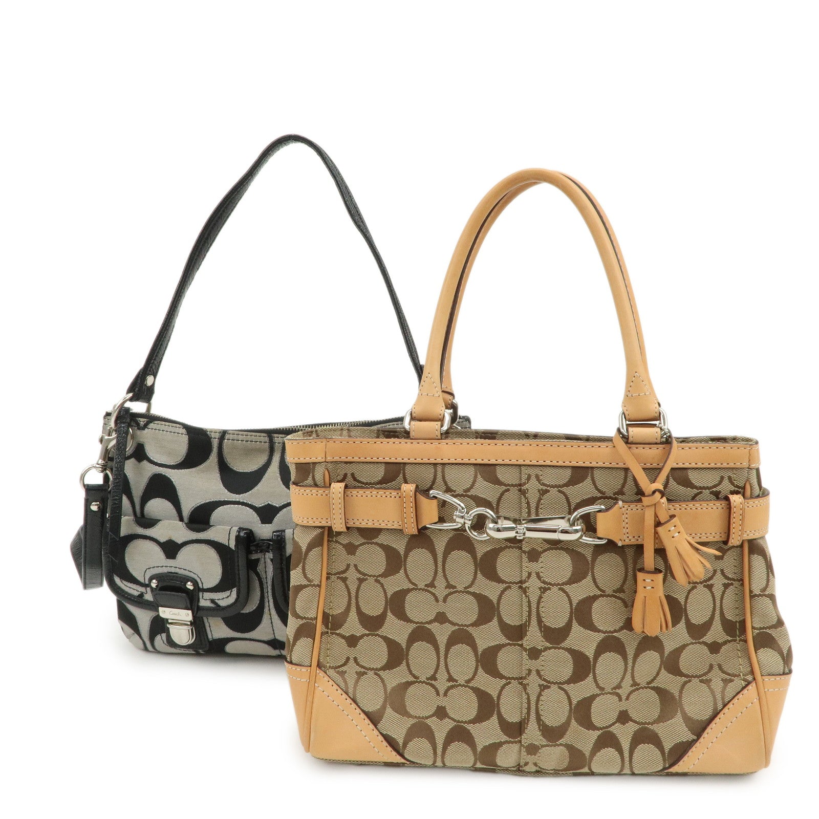 COACH Signature Canvas Leather Set of 2 Hand Bag Black Light Brown
