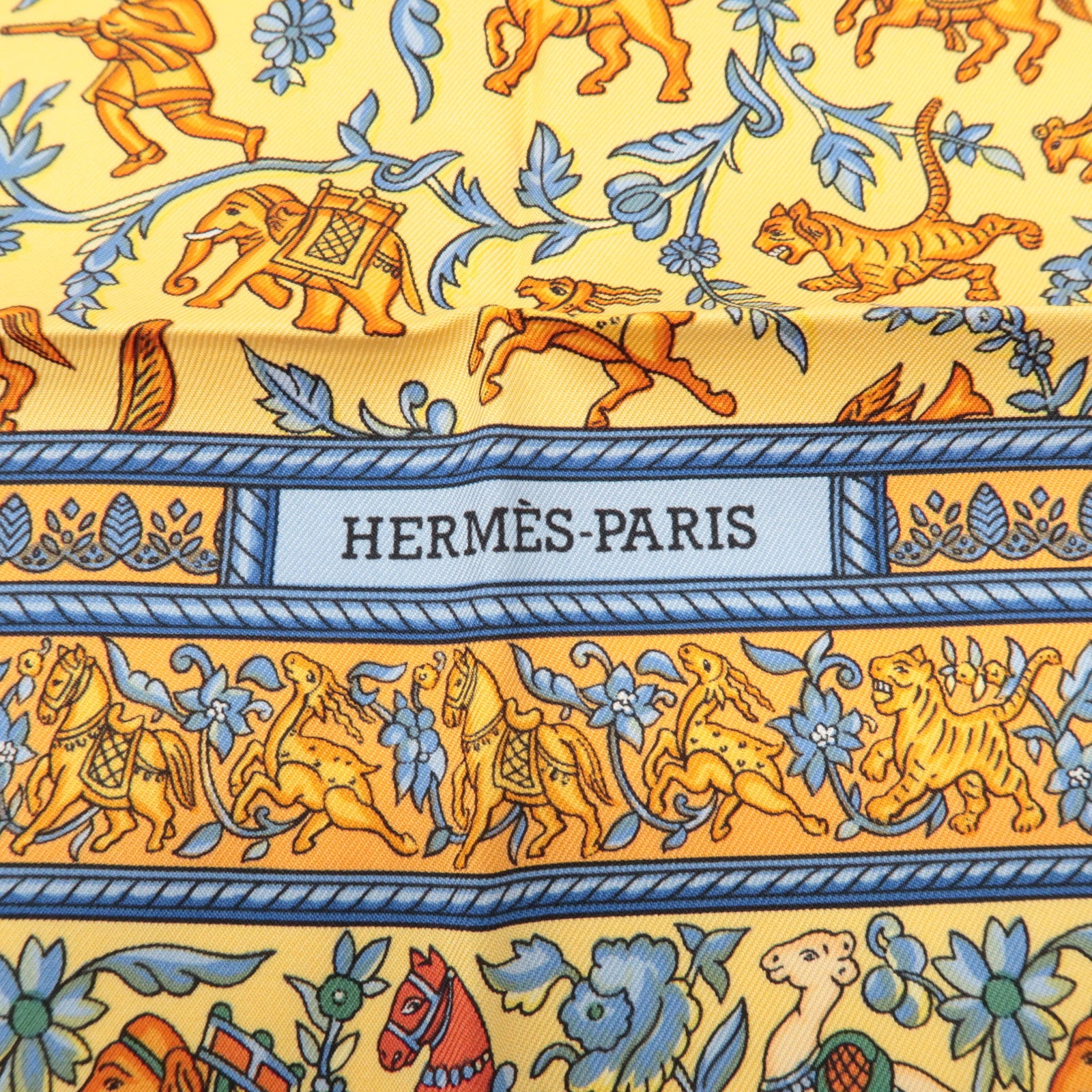 HERMES Carre 90 Silk 100% Scarf CHASSE EN INDE Orange Multicolor Used