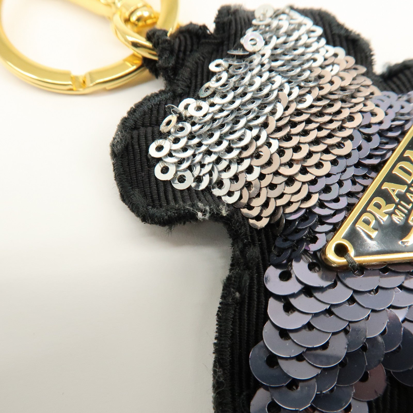 PRADA Bear Motif Canvas Sequins Bag Charm Key Holder Black Silver