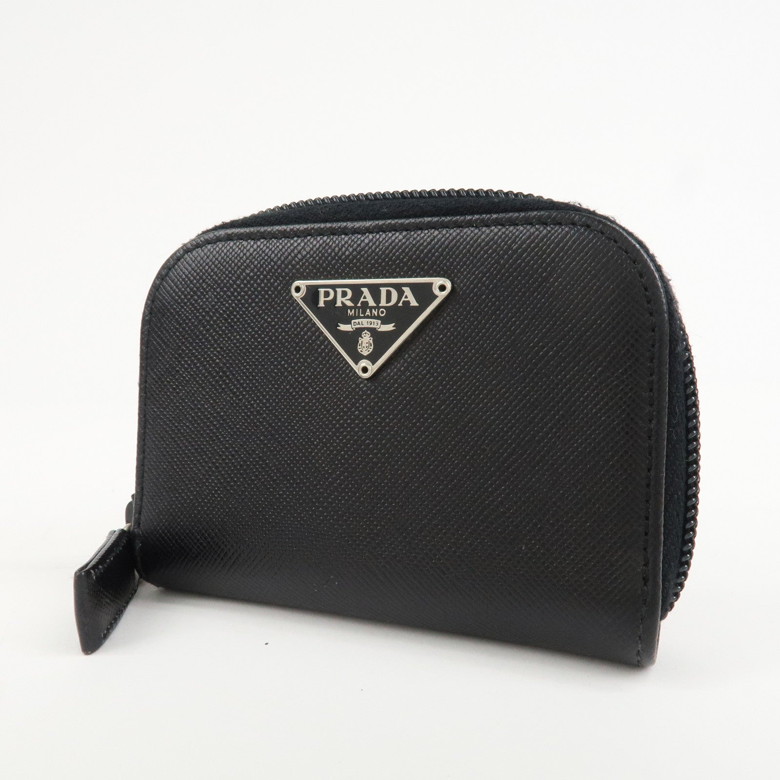 PRADA Triangle Logo Saffiano Leather Round Zippy Coin Case Black
