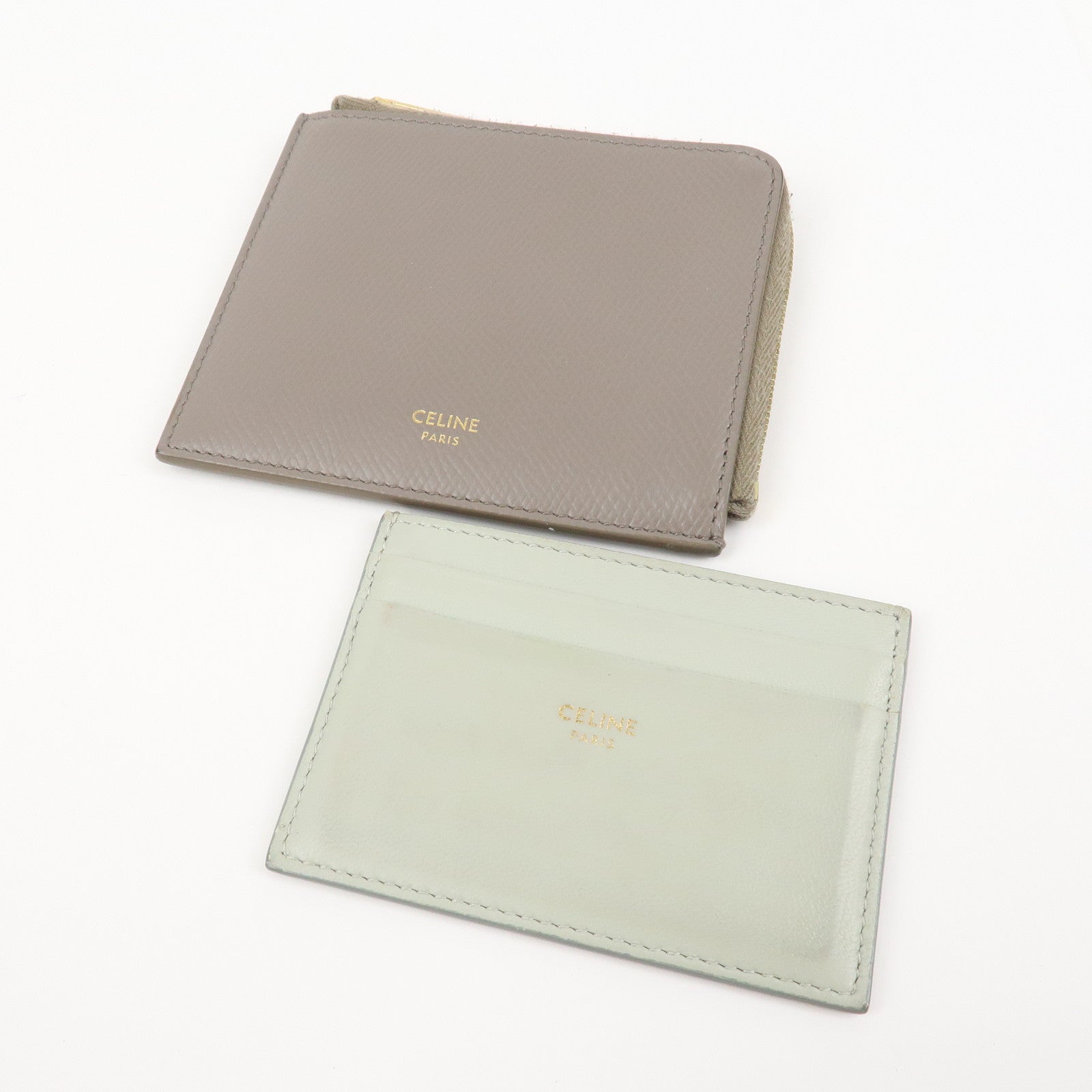 CELINE Leather Compact Wallet Card Case Beige
