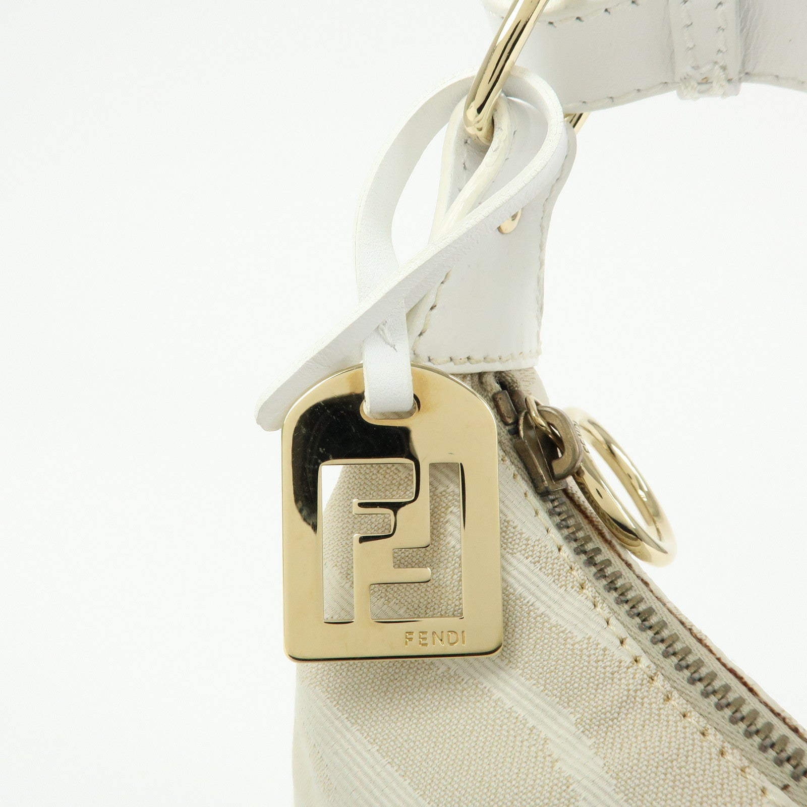 FENDI Canvas Leather Hand Bag Shoulder Bag Light Beige White 8BR391