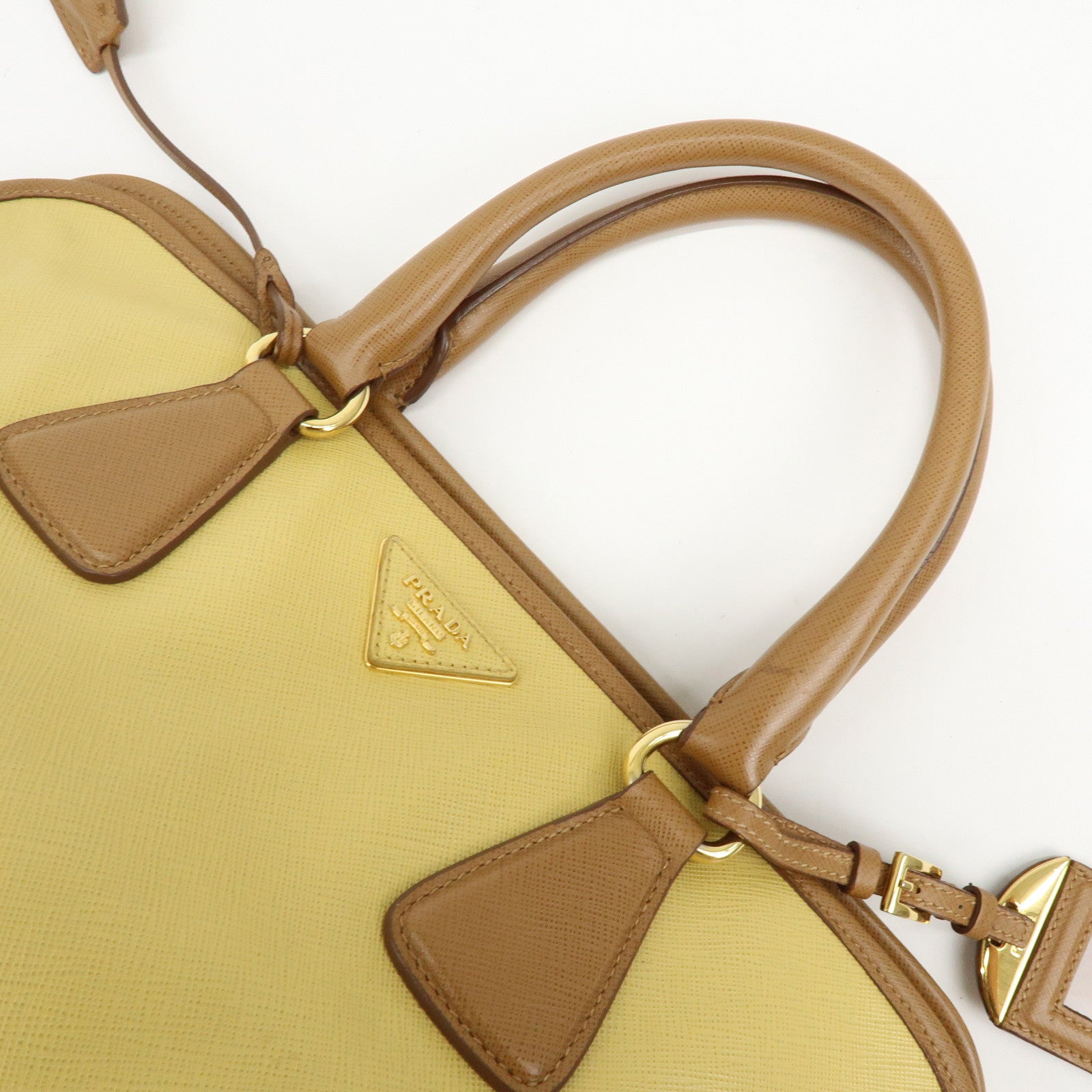 PRADA Triangle Logo Saffiano Leather Boston Bag Mustard Light Brown