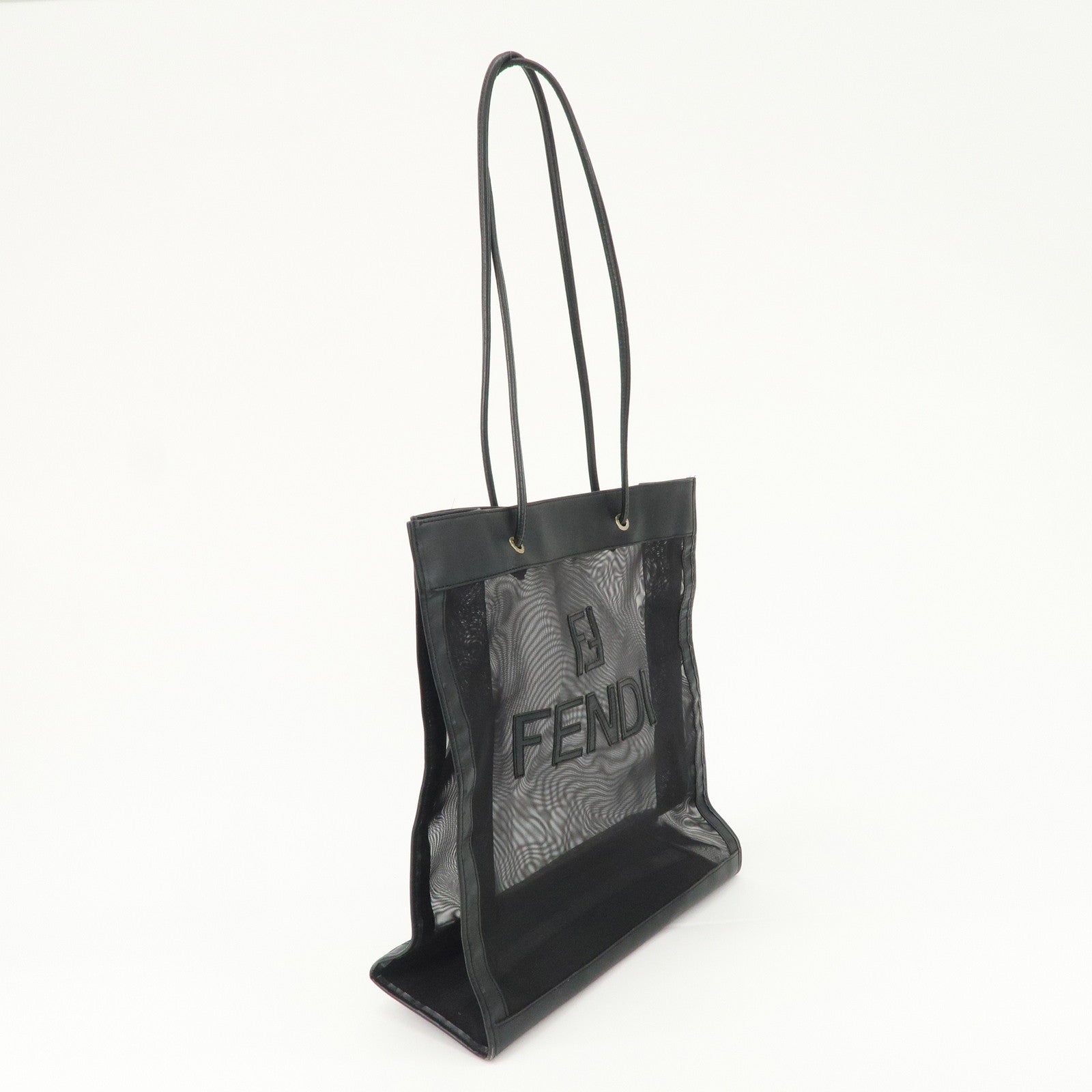 FENDI Mesh Leather Tote Bag Shoulder Bag Black Gold Hardware 259647