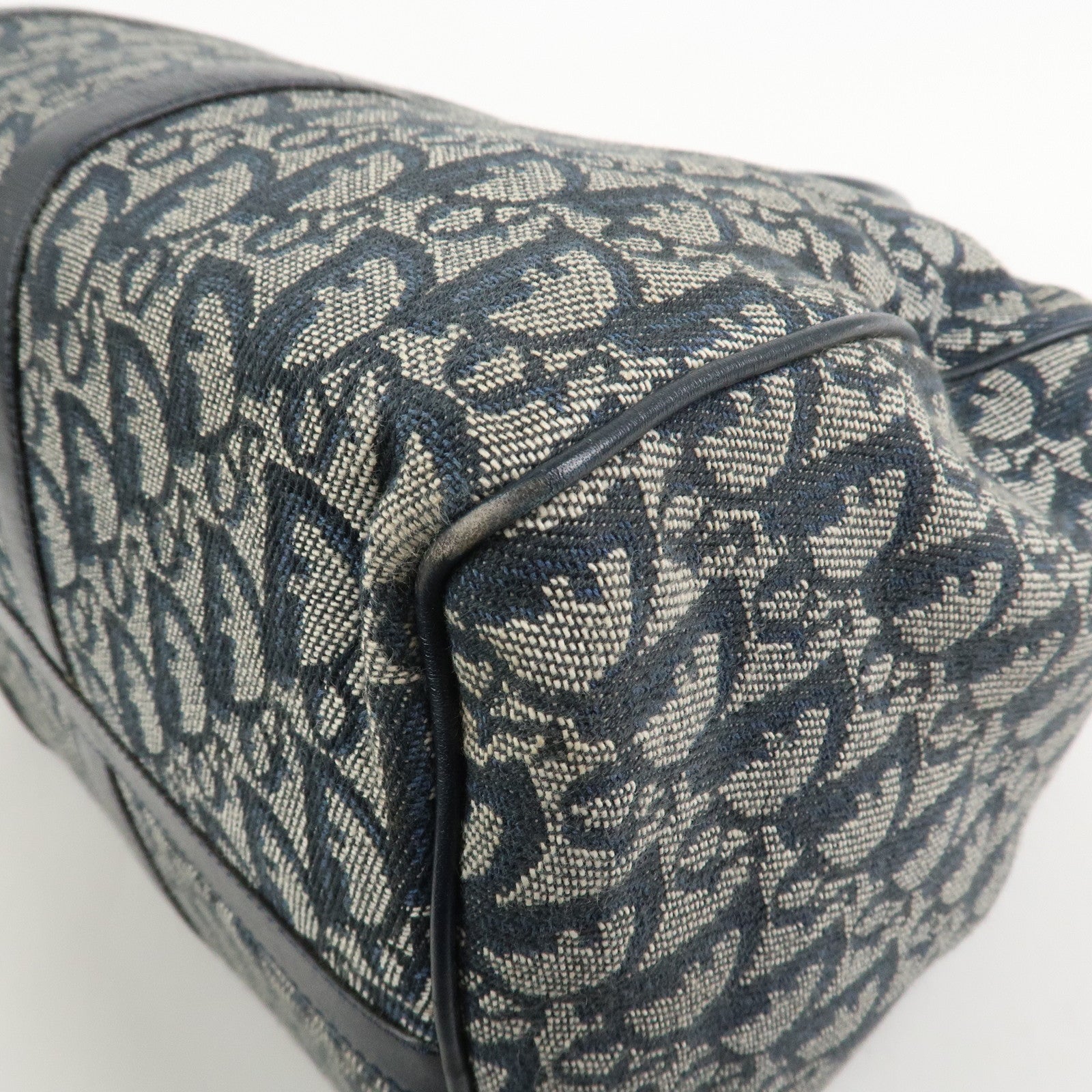 Christian Dior Trotter Jacquard Canvas Leather Boston Hand Bag Navy