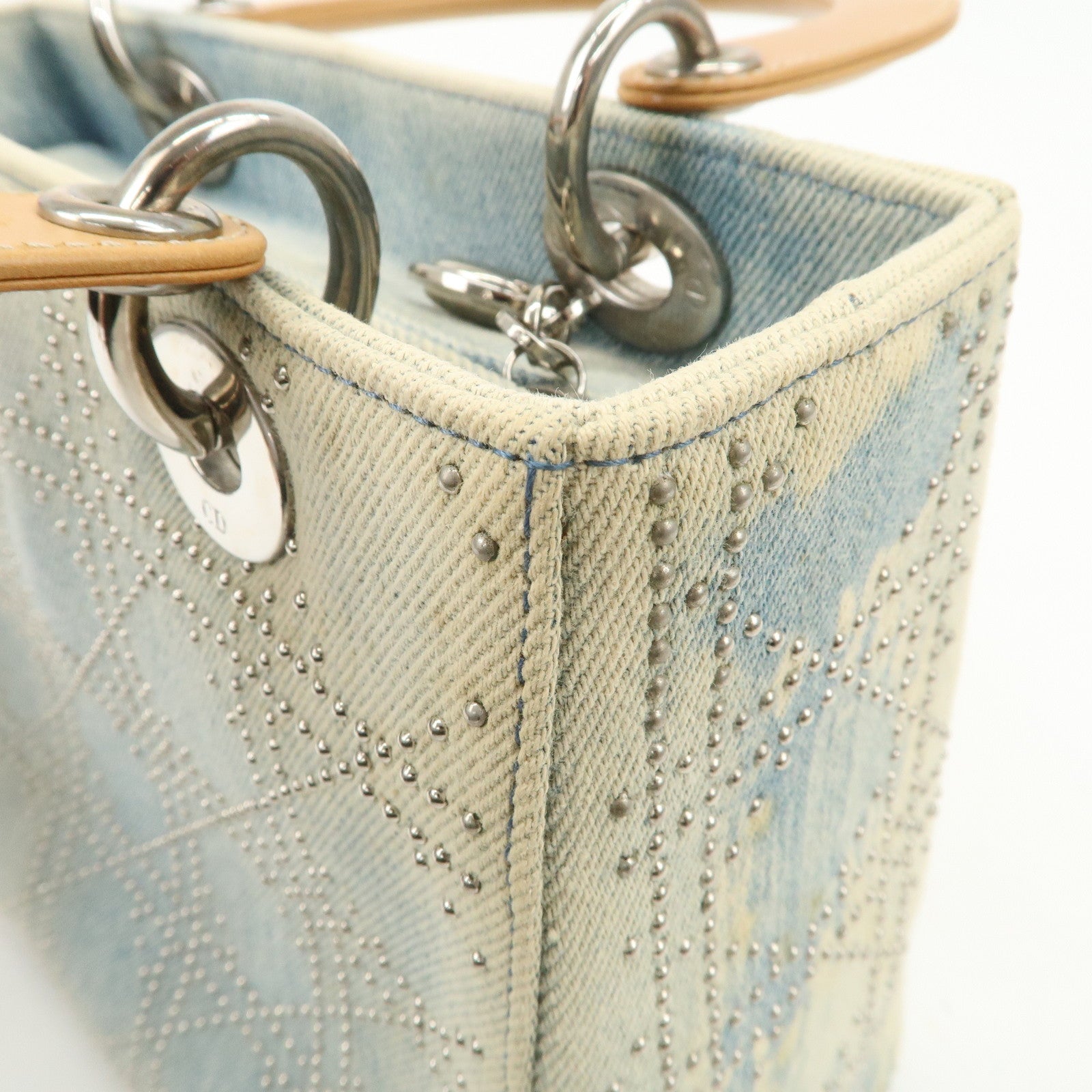 Christian Dior Cannage Leather Denim 2 Way Tote Bag Studs Beige Blue