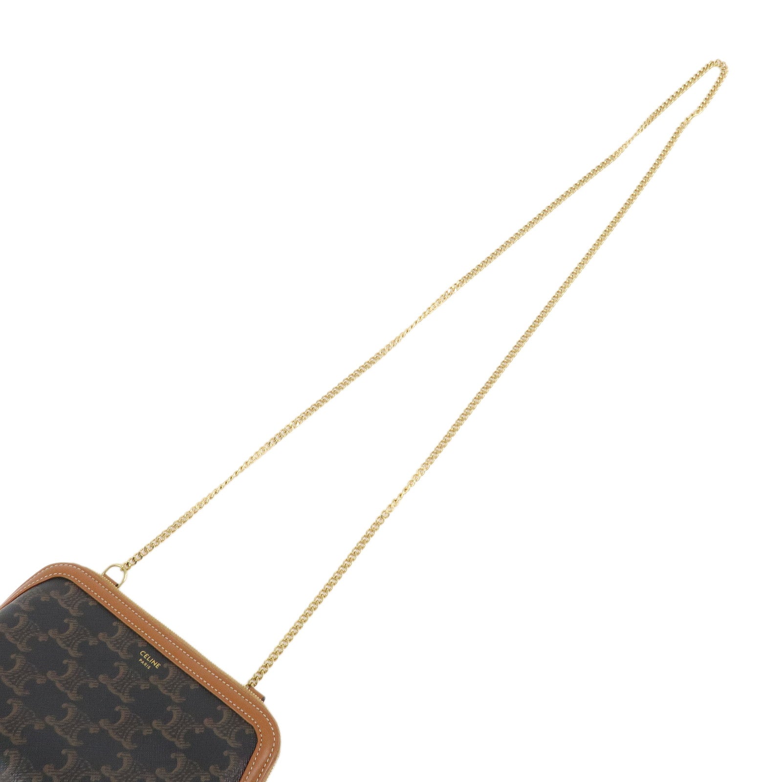 CELINE Triomphe Canvas Lamb Skin Chain Shoulder Bag Tan