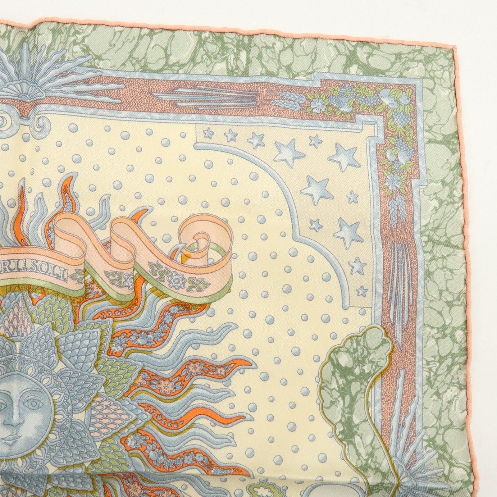HERMES Carre 40 Silk 100% GLORIA SOLI Scarf Ivory Green Multicolor