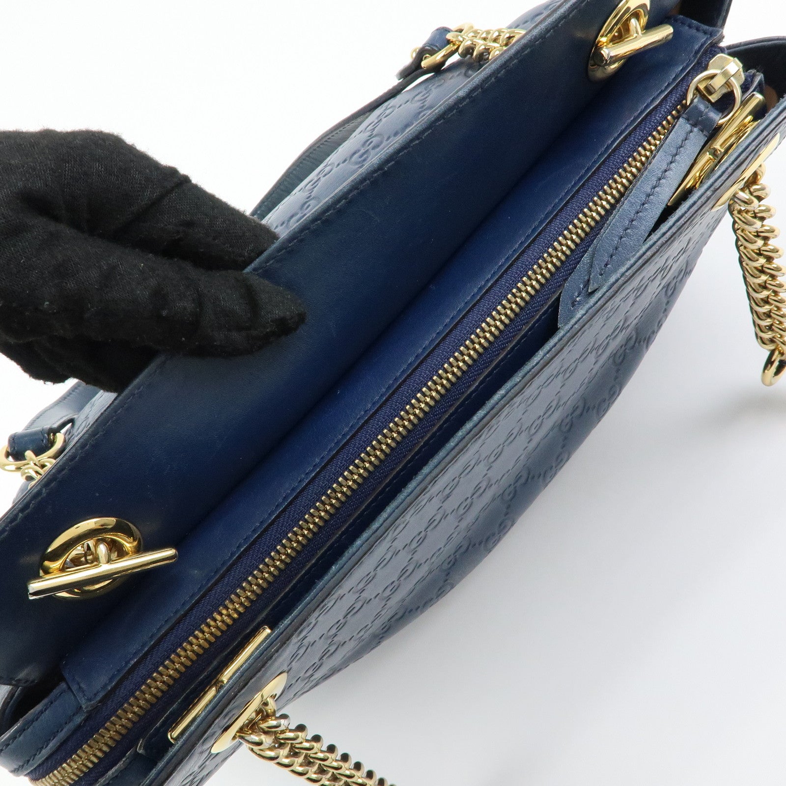 GUCCI Guccissima Leather Chain Tote Bag Shoulder Bag Navy 453773